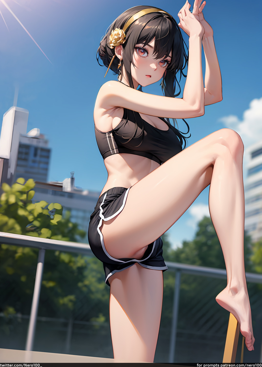 1girls, 2d, ai generated, arms up, ass, athletic, athletic female, bare shoulders, big breasts, black hair, breasts, chest, crop top, curvy, curvy figure, cute, cute face, dark hair, detailed, dolphin shorts, eyelashes, eyeshadow, female, female only, fit, fit female, focus, from behind, hairband, hands up, high quality, large breasts, light skin, light-skinned female, lips, lipstick, long hair, looking at viewer, makeup, mascara, mature, no panties, no underwear, pale skin, pale-skinned female, posing, red eyes, seductive, seductive look, shorts, side view, sports bra, spy x family, stable diffusion, standing, standing on one leg, stretching, tagme, tall, tall female, thick ass, thick legs, thick thighs, uncensored, yor briar, yor forger