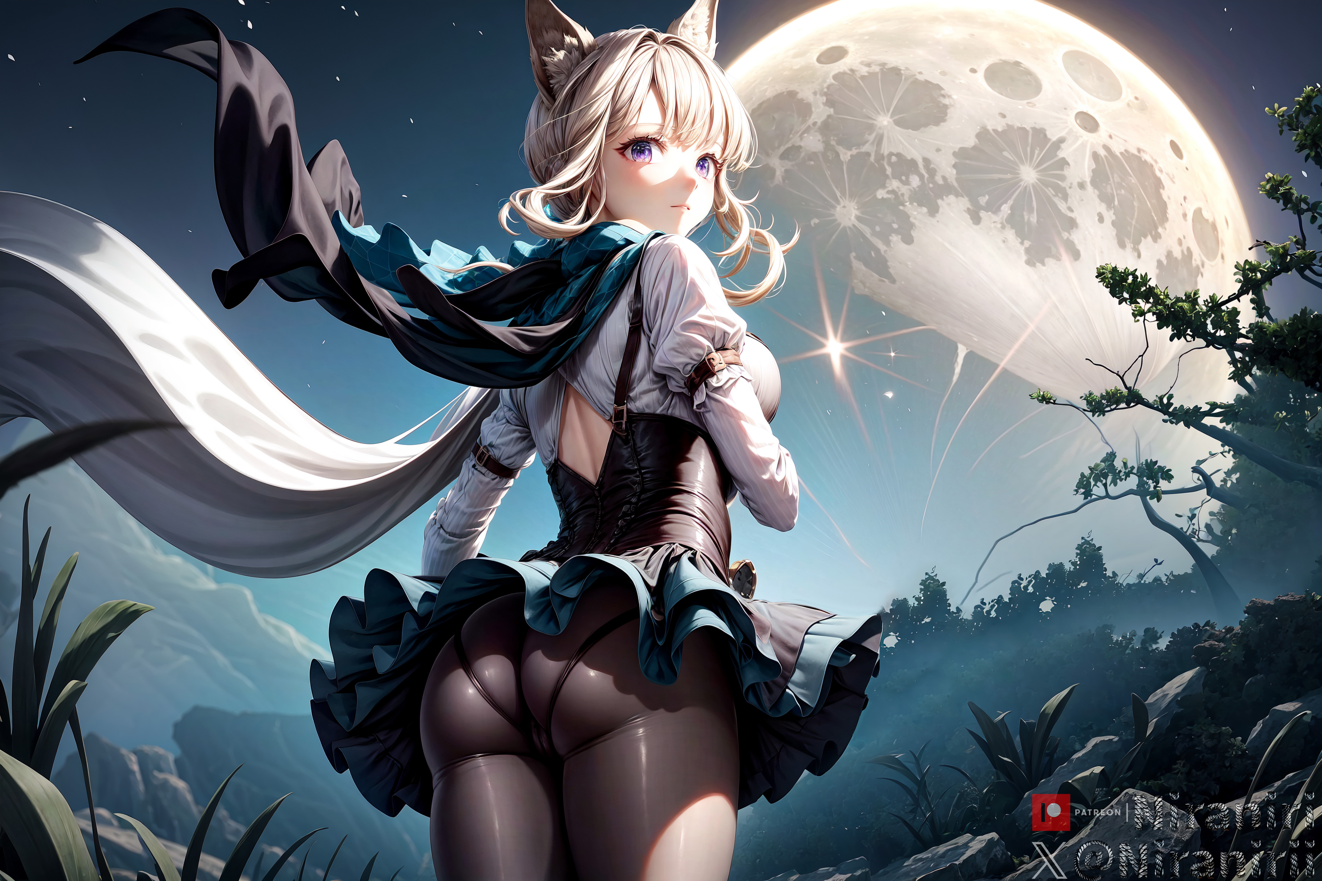absurdres, ai generated, animal ears, ass, bangs, black pantyhose, blonde hair, blush, breasts, cape, cat ears, closed mouth, corset, cowboy shot, dress, female, from behind, full moon, genshin impact, highres, juliet sleeves, long sleeves, looking at viewer, looking back, lynette (genshin impact), moon, night, night sky, niraniri, outdoors, panties, panties under pantyhose, pantyhose, puffy sleeves, purple eyes, skirt, sky, solo, standing, tree, underwear, upskirt, watermark, wind, wind lift