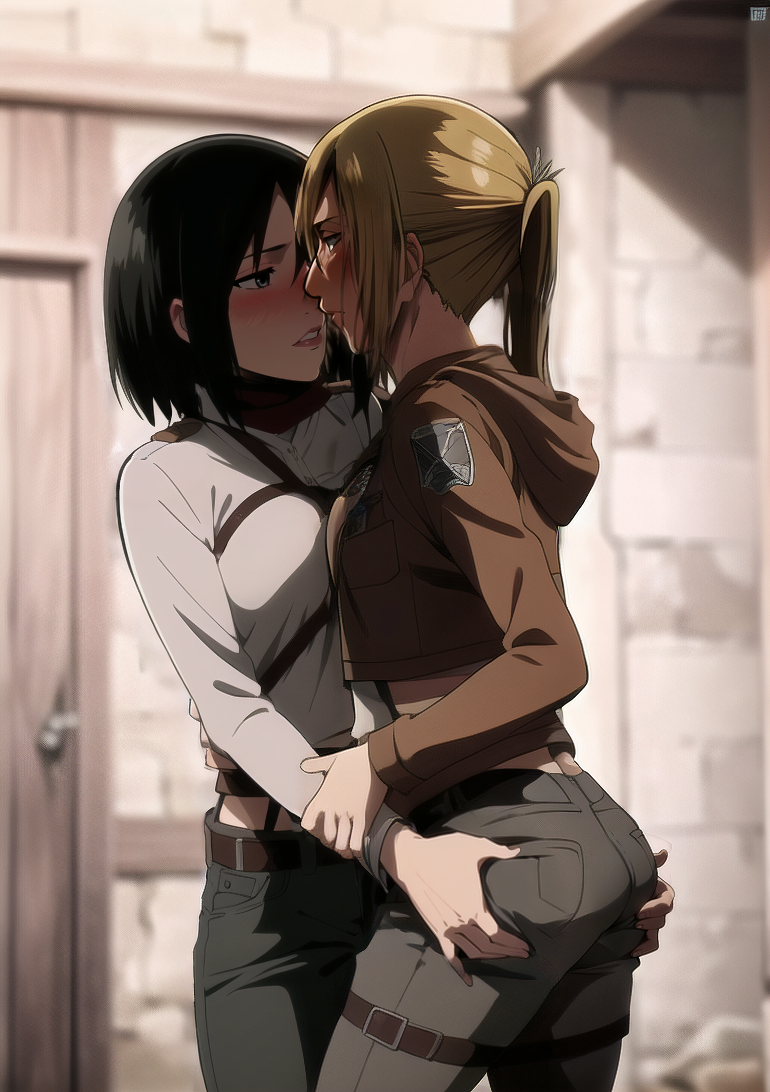 2girls, ai generated, annie leonhardt, ass, ass grab, attack on titan, black hair, blonde hair, blush, female, jacket, mikasa ackerman, pants, scarf, shingeki no kyojin, yuri