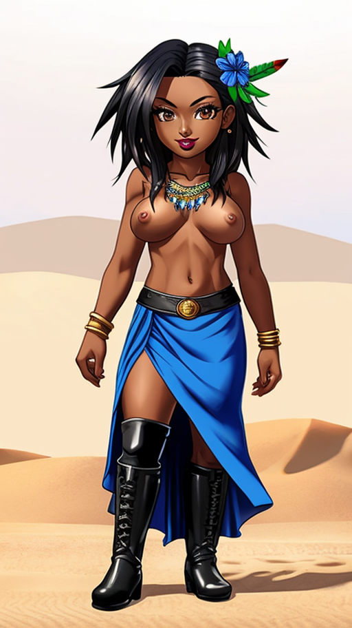 ai_generated black_hair breasts brown_eyes catori_(my_time_at_sandrock) dark_skin desert female high_boots jewelry my_time_at_sandrock nipples pathea_games skirt