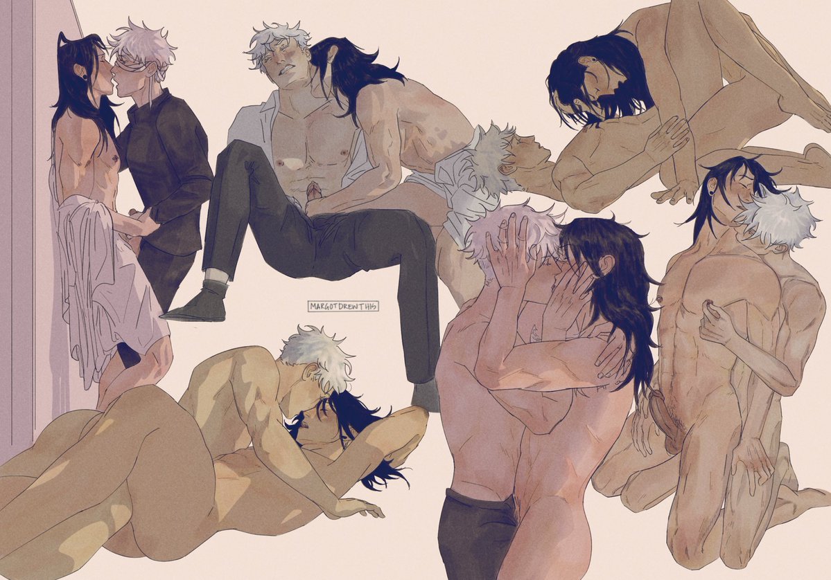 2boys abs ass black_hair fully_clothed gay half-dressed handjob hands_on_hips jujutsu_kaisen long_hair male/male male_only margotdrewthis masturbation muscles naked nipples romantic satoru_gojo soft suguru_geto switch thighs white_hair wholesome_sex