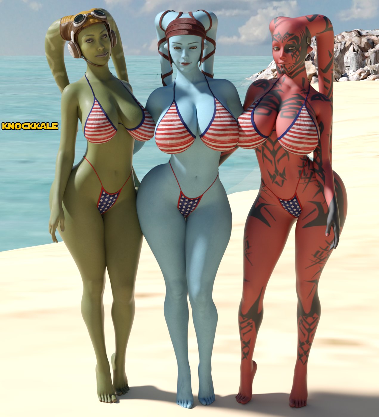 3girls aayla_secura alien alien_girl alien_humanoid american_flag_bikini beach big_breasts bikini blue_body darth_talon female female_only green_skin hera_syndulla humanoid interracial knockkale large_ass large_breasts lethan_twi'lek looking_at_viewer non-human patriotic_clothing red_body rutian_twi'lek smile star_wars thick_hips twi'lek united_states_of_america