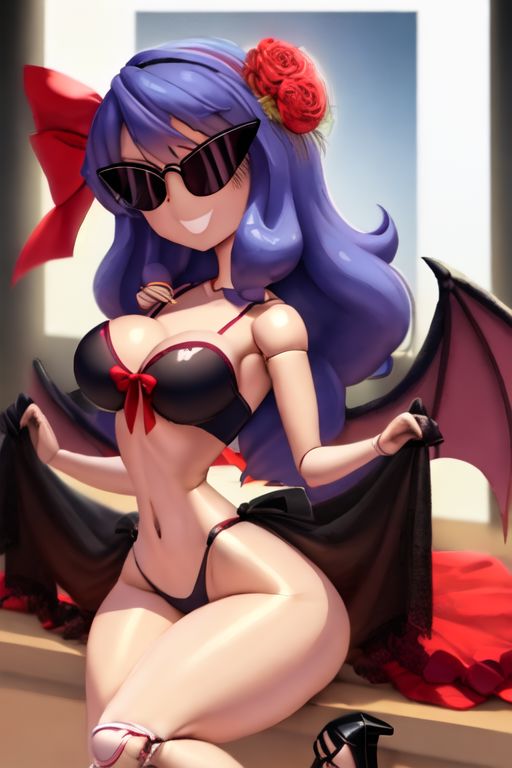 ai_generated armpits bimbo bimbo_body bimbofication bimbofied body_modification corset dollification female hourglass_figure huge_ass huge_breasts implied_transformation midriff npg8993 panties permanent_smile remilia_scarlet smile sunglasses sunnification thick_thighs thin_waist touhou transformation wide_hips