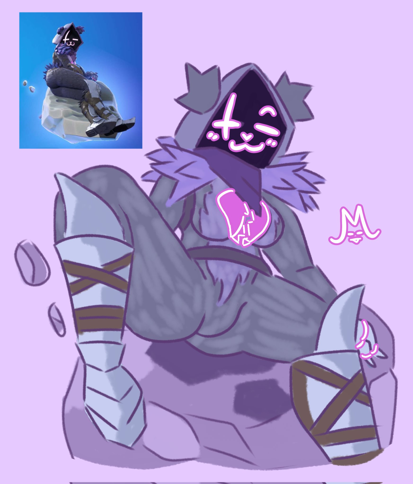 artist request, clothed, female, fortnite, fortnite: battle royale, laying down, looking at viewer, purple eyes, purple fur, raven team leader, raven team leader (fortnite), smug, spread legs, tagme