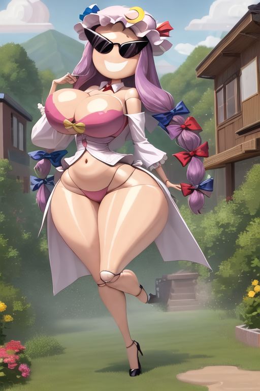 ai_generated armpits bimbo bimbo_body bimbofication bimbofied body_modification corset dollification female high_heels hourglass_figure huge_ass huge_breasts implied_transformation midriff npg8993 panties patchouli_knowledge permanent_smile smile sunglasses sunnification thick_thighs thin_waist touhou transformation wide_hips