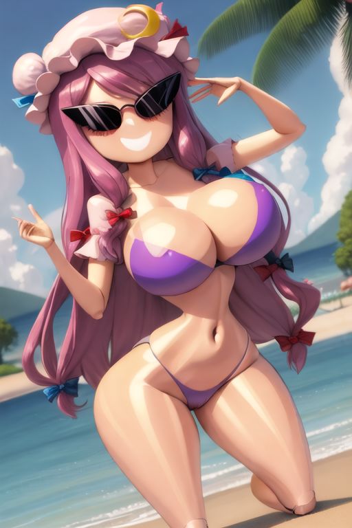 ai_generated armpits bimbo bimbo_body bimbofication bimbofied body_modification corset dollification female hourglass_figure huge_ass huge_breasts implied_transformation midriff npg8993 panties patchouli_knowledge permanent_smile smile sunglasses sunnification thick_thighs thin_waist touhou transformation wide_hips