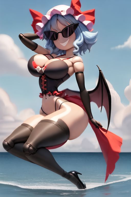 ai_generated armpits bimbo bimbo_body bimbofication bimbofied body_modification corset dollification female high_heels hourglass_figure huge_ass huge_breasts implied_transformation midriff npg8993 panties permanent_smile remilia_scarlet smile sunglasses sunnification thick_thighs thin_waist touhou transformation wide_hips