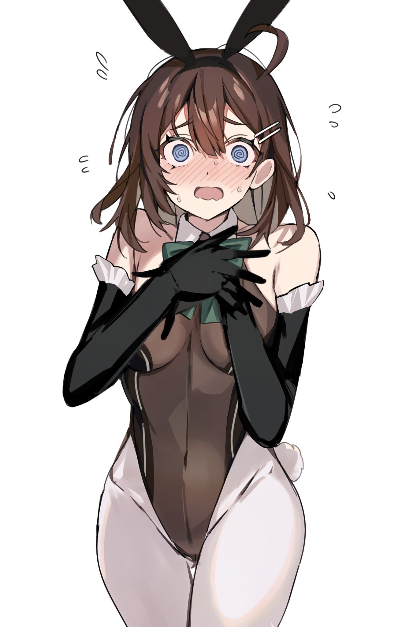 blue eyes, breasts, bunnysuit, curvy, female, hod (lobotomy corporation), lobotomy corporation, medium breasts, mu46016419, nervous, project moon, sweat, thigh gap