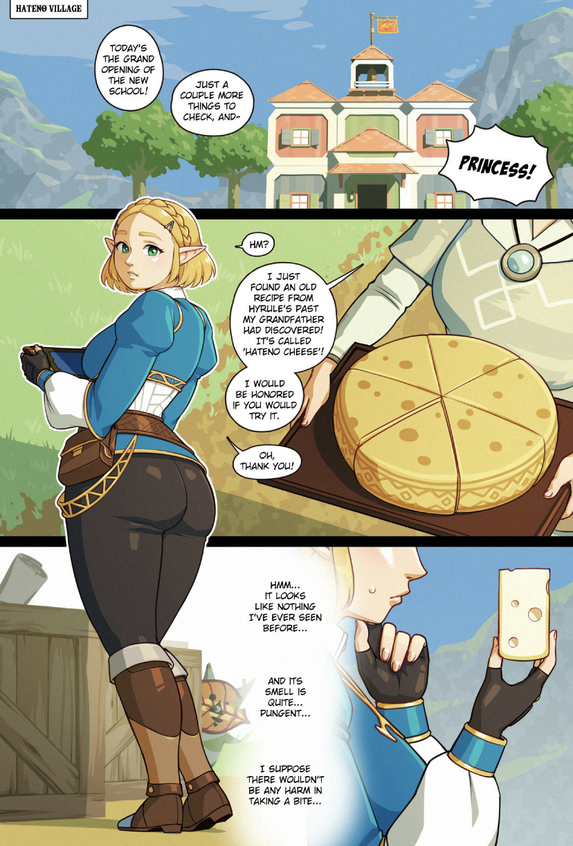 bakery better_with_salt big_breasts big_butt blonde_hair butt cake cheese huge_butt large_butt princess_zelda short_hair speech_bubble tears_of_the_kingdom the_legend_of_zelda trees zelda_(tears_of_the_kingdom)