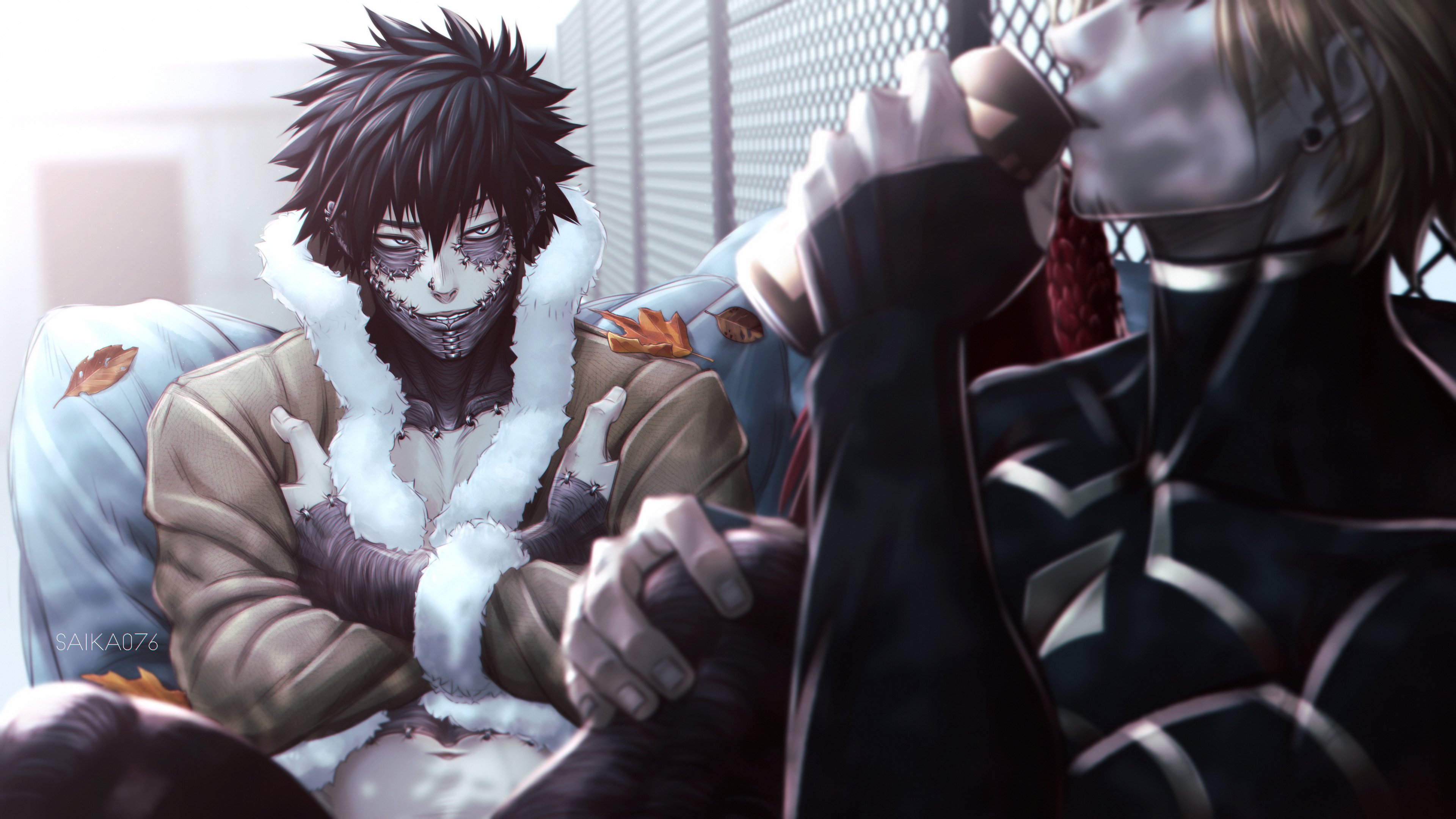 2boys, autumn, boku no hero academia, dabi, drinking, fence, gay, gay male, hawks (my hero academia), hi res, keigo takami, leaves, looking at partner, male, male focus, male only, male/male, my hero academia, outdoor nudity, outdoors, outside, saika076, scars, takami keigo, todoroki touya, touya todoroki, yaoi