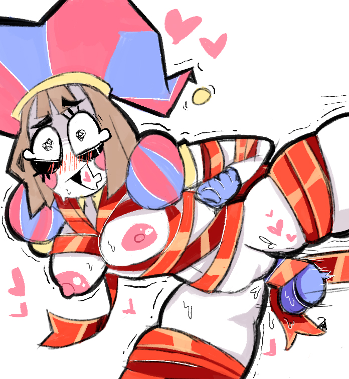 1boy, 2023, 2d, 2girls, bbeloed, blush, breasts, brown hair, excited, female, gangle (the amazing digital circus), glitch productions, gooseworx, jax (the amazing digital circus), jester cap, jester girl, jester hat, jester outfit, male, pomni, pomni (the amazing digital circus), pussy, straight, sweat, the amazing digital circus, thighs, vaginal penetration, white background, white skin