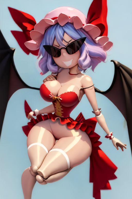 ai_generated armpits bimbo bimbo_body bimbofication bimbofied body_modification corset dollification female hourglass_figure huge_ass huge_breasts implied_transformation midriff npg8993 panties permanent_smile remilia_scarlet smile sunglasses sunnification thick_thighs thin_waist touhou transformation wide_hips