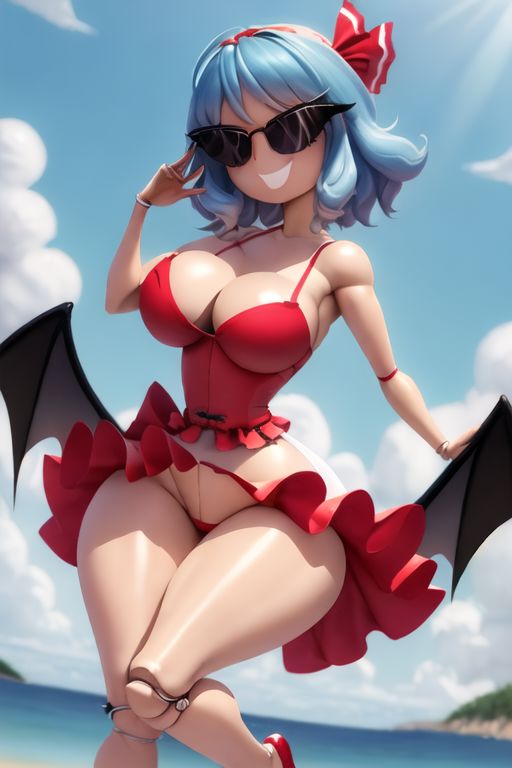 ai_generated armpits bimbo bimbo_body bimbofication bimbofied body_modification corset dollification female hourglass_figure huge_ass huge_breasts implied_transformation midriff npg8993 panties permanent_smile remilia_scarlet smile sunglasses sunnification thick_thighs thin_waist touhou transformation wide_hips