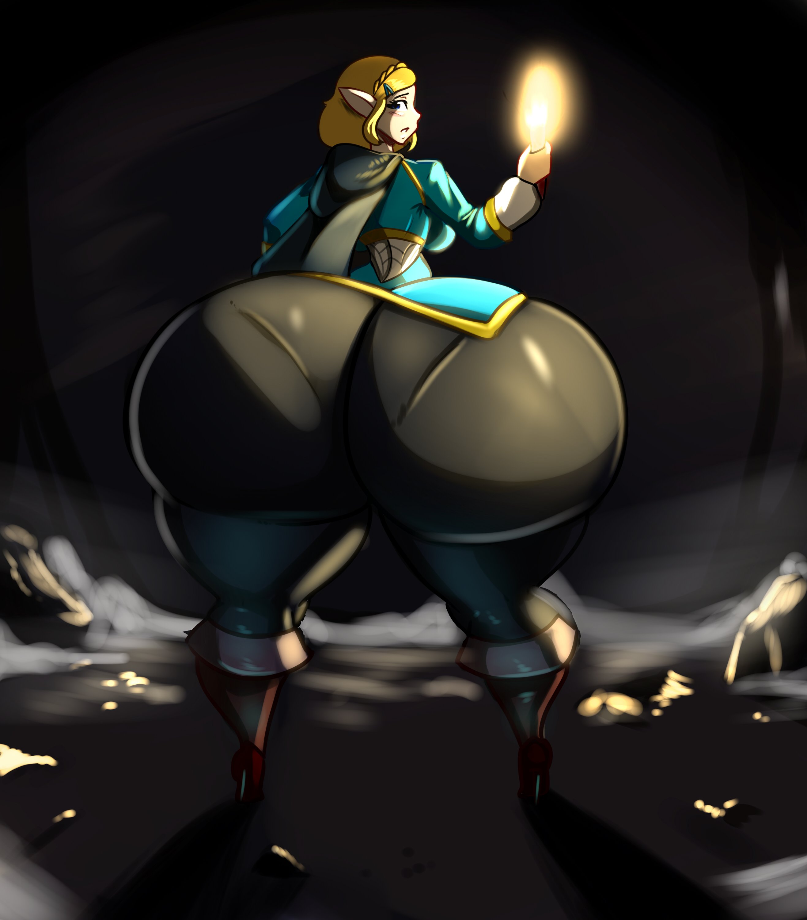 2023, ass, ass bigger than head, ass focus, backboob, big ass, big breasts, breasts, cave, clothed, female, female only, huge ass, hyper ass, large ass, nintendo, panties visible through clothing, pantylines, princess zelda, schnauzercito, tears of the kingdom, the legend of zelda, zelda (tears of the kingdom)