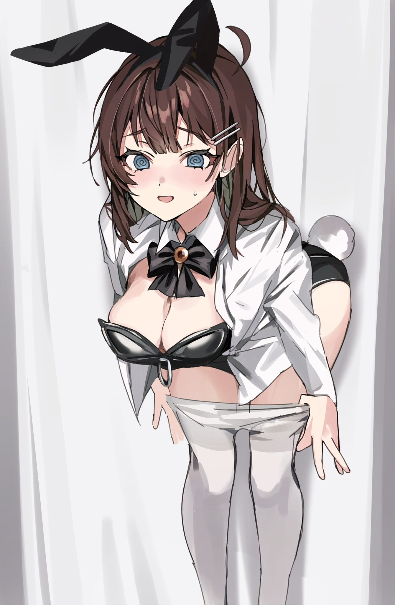 breasts, bunnysuit, female, hod (lobotomy corporation), leggings, lobotomy corporation, medium breasts, mu46016419, nervous smile, project moon, sweat, undressing