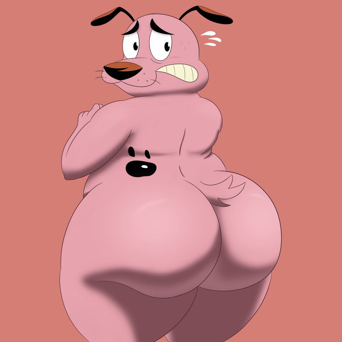 ass big_ass black_eyes canine cartoon_network colossalstars courage courage_the_cowardly_dog courage_the_cowardly_dog_(character) domestic_dog furry looking_back male male_focus male_only pink_background pink_fur scared scared_expression tail thick_thighs thighs