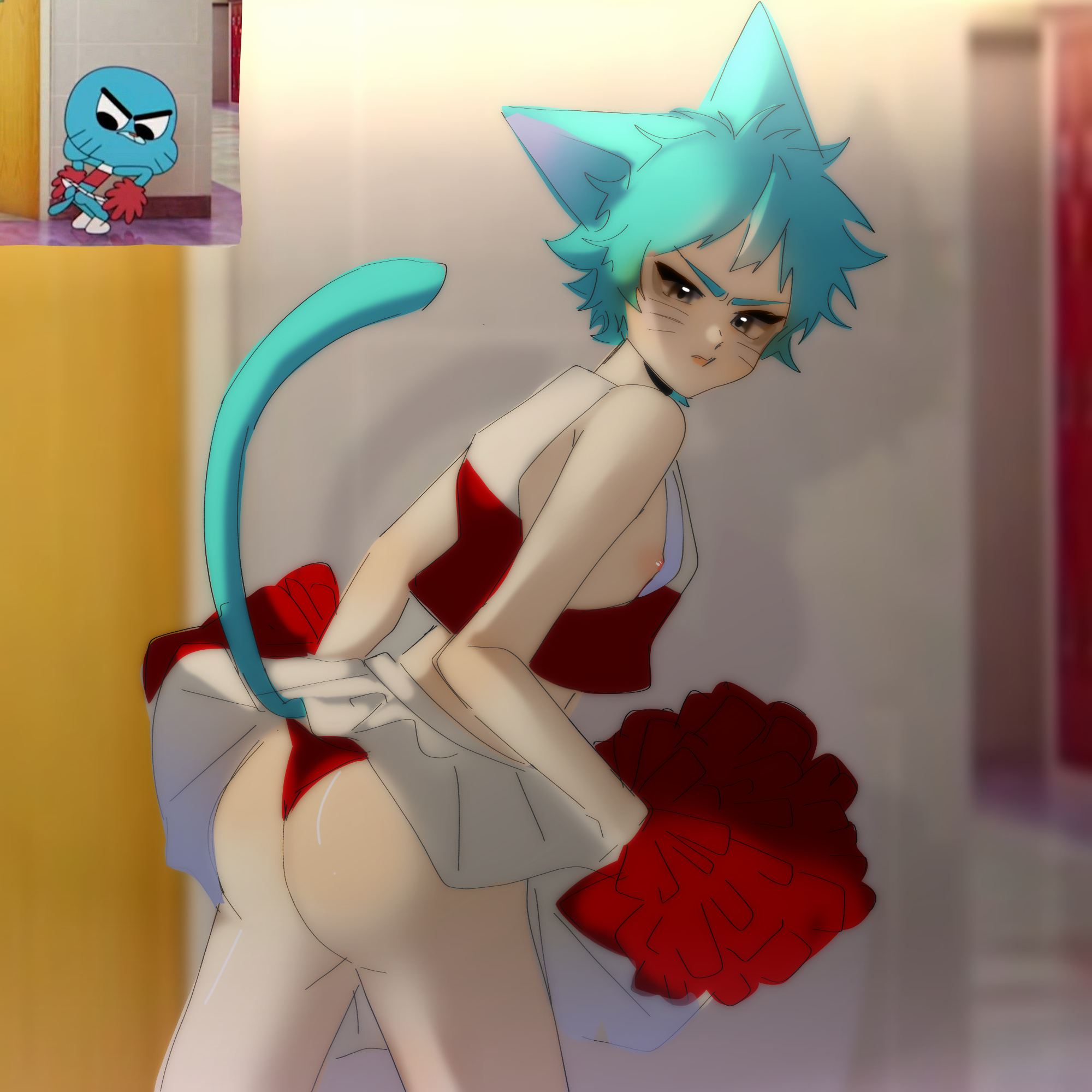 1boy, anime style, ass, back view, blue hair, cartoon network, cat boy, cat ears, cat tail, catboy, cheerleader, cheerleader outfit, cheerleader uniform, crossdressing, cute, cute male, exposed ass, femboy, gumball watterson, gumball watterson (human), looking at viewer, male, nekomimi, panties, pom pom (cheerleading), pom poms, pounding, skirt, skirt up, solo, the amazing world of gumball, the amazing world of gumball (human), trap, wardrobe malfunction