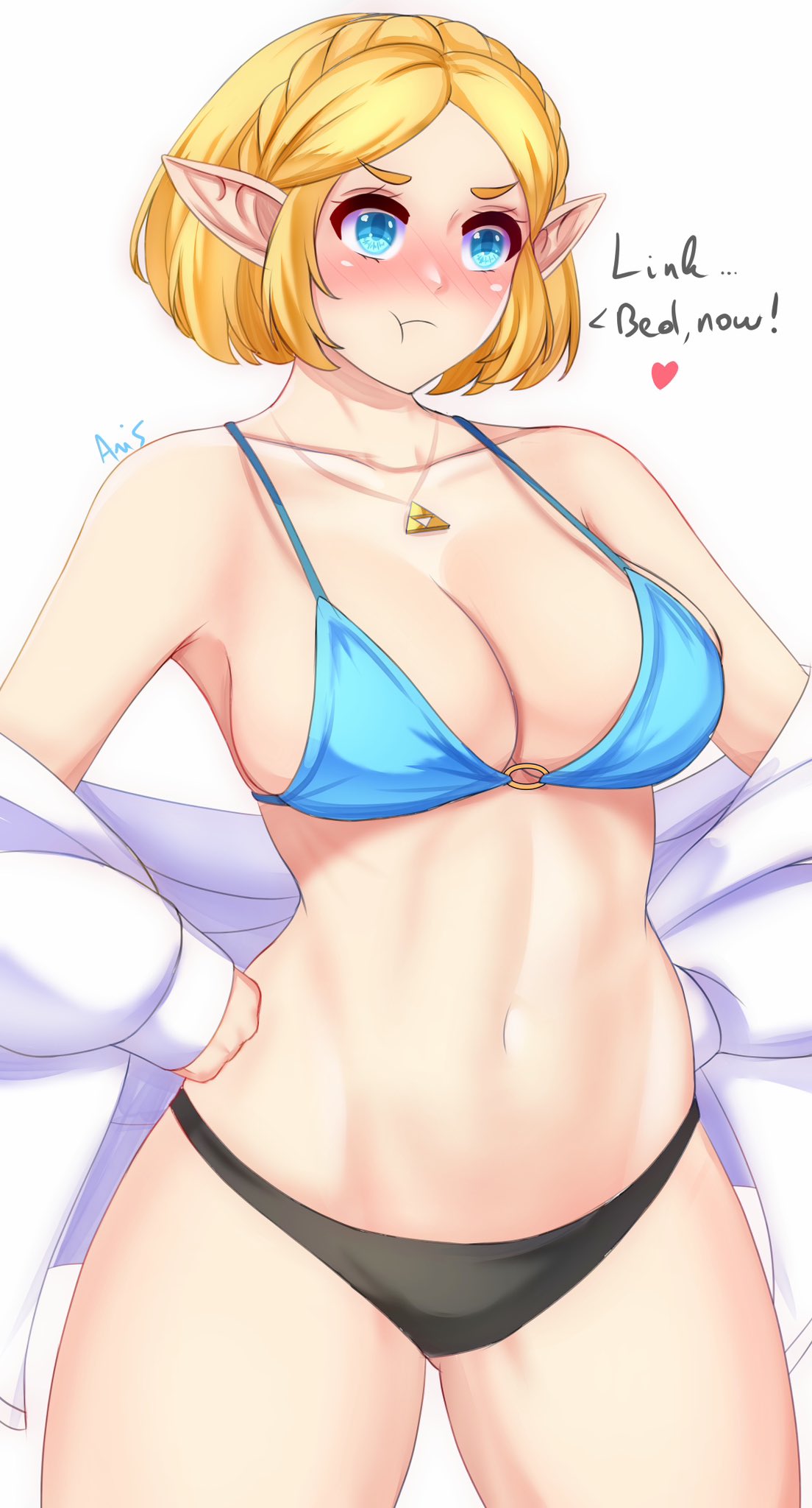 1girls, angry, anisdrawn, bikini, blonde hair, blue eyes, blush, breasts, cleavage, coat, female, hand on hip, hi res, jacket, nintendo, pointy ears, pout, princess zelda, short hair, solo, tears of the kingdom, text, the legend of zelda, zelda (tears of the kingdom)