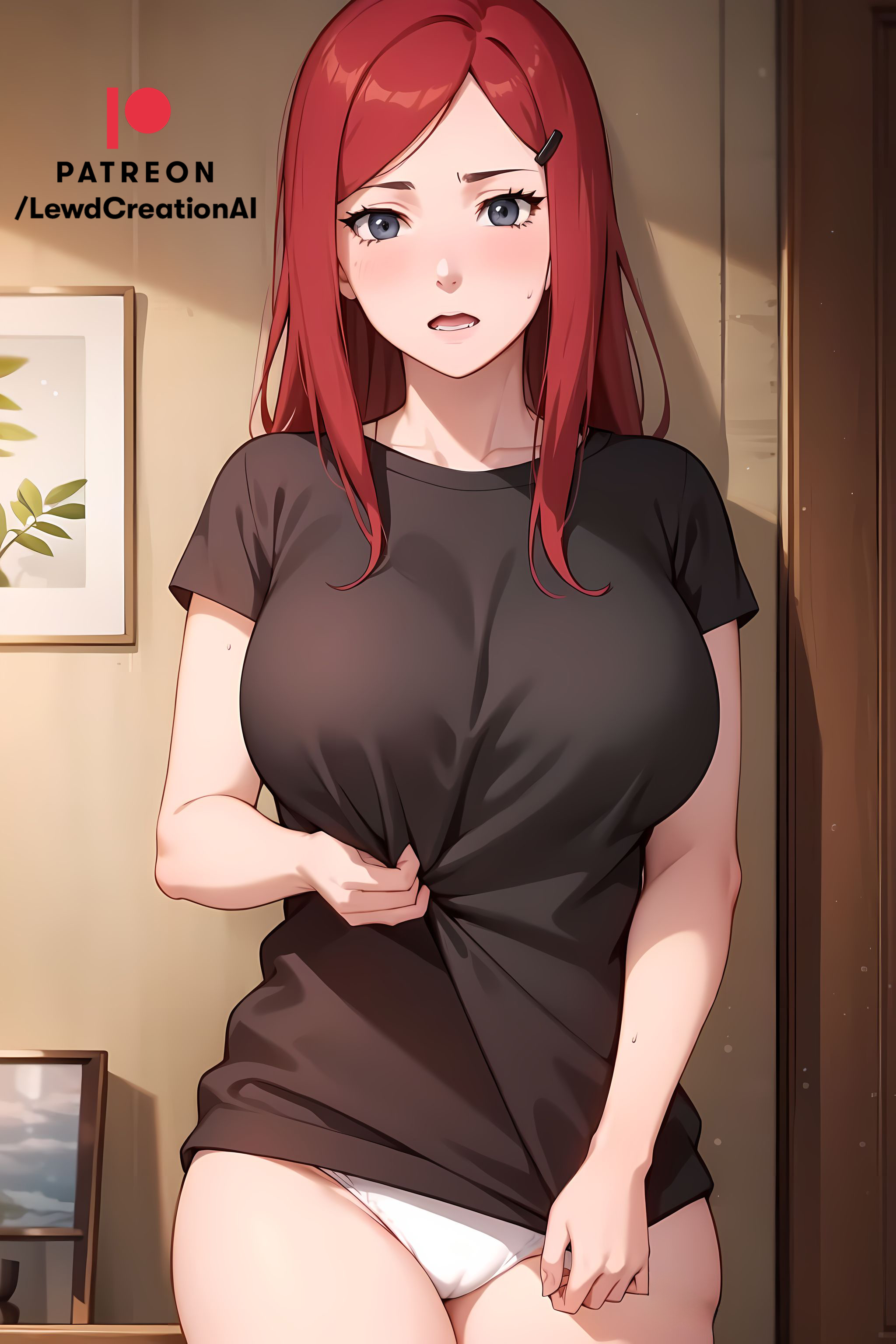 ai generated, ass, big breasts, black shirt, blush, blush lines, blushing at viewer, boruto: naruto next generations, breasts, cameltoe, cleavage, embarrassed, female, grey eyes, hair, hair ornament, indoors, lewdcreationsai, looking at viewer, mature, mature female, naruto, naruto (classic), naruto (series), naruto shippuden, naruto: the last, panties, purple eyes, pussy, red hair, thick, thick ass, thick legs, thick thighs, thighs, undressing, uzumaki kushina, violet eyes, white panties