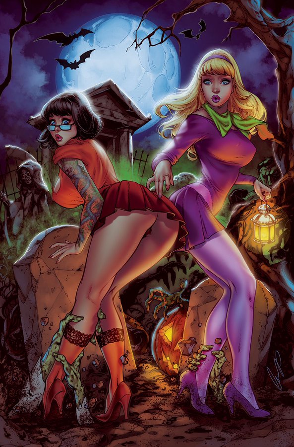 ass_focus cosplay daphne_blake elias_chatzoudis grabbing_legs graveyard halloween monster night scooby-doo velma_dinkley zenescope