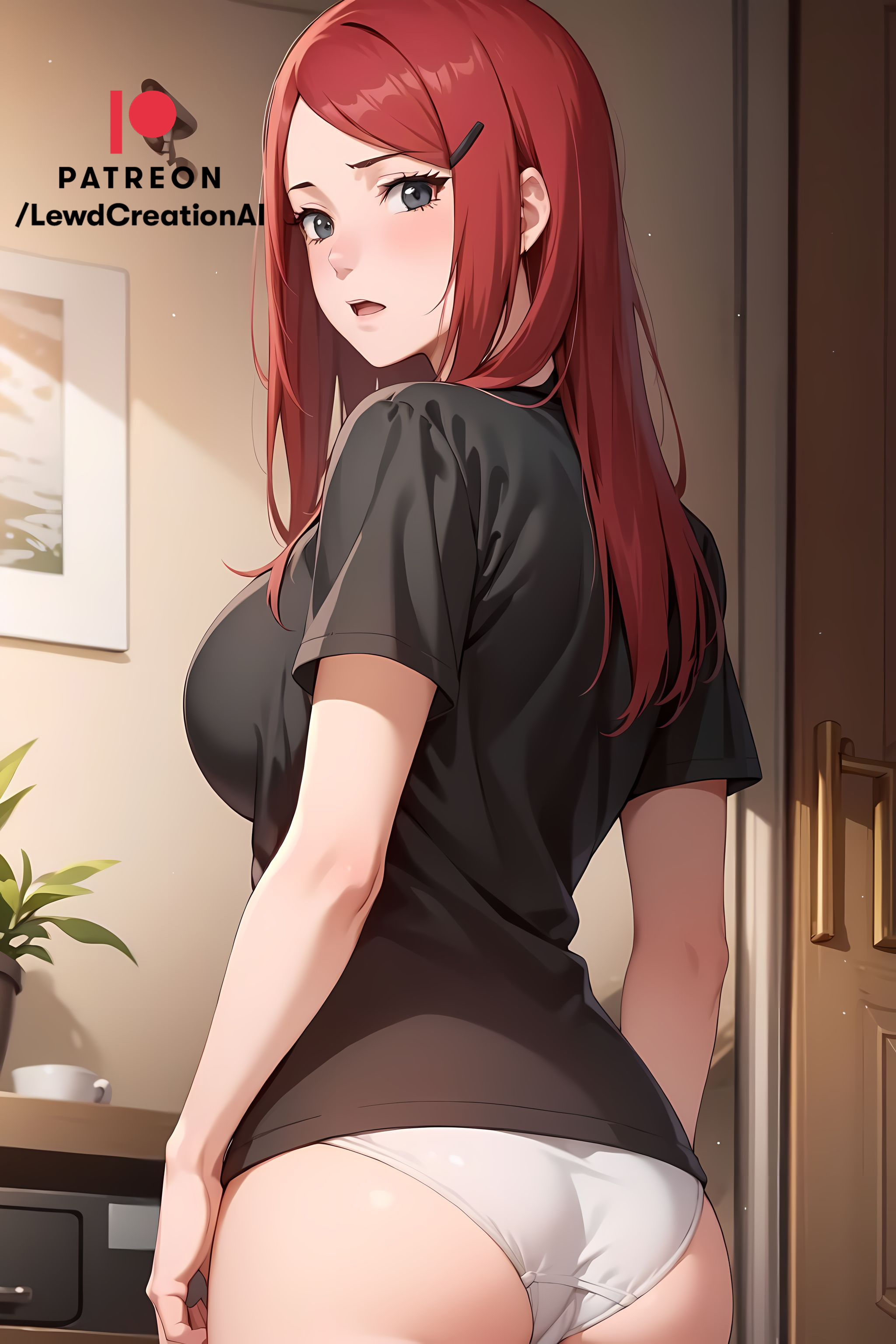 ai generated, ass, big breasts, black shirt, blush, blush lines, blushing at viewer, boruto: naruto next generations, breasts, cameltoe, cleavage, embarrassed, female, from behind, grey eyes, hair, hair ornament, indoors, lewdcreationsai, looking at viewer, looking back, mature, mature female, naruto, naruto (classic), naruto (series), naruto shippuden, naruto: the last, panties, purple eyes, pussy, red hair, thick, thick ass, thick legs, thick thighs, thighs, uzumaki kushina, violet eyes, white panties