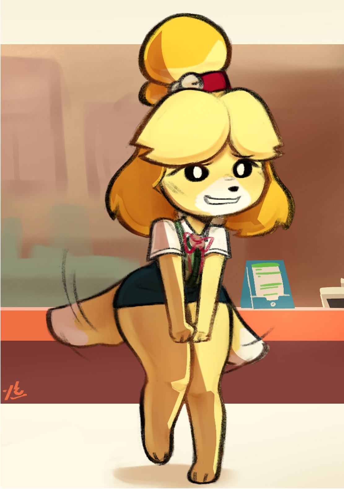 animal_crossing canine embarrassed furry holding_clothing huge_hips isabelle_(animal_crossing) nintendo short_skirt tail tailwag thick_thighs tofuuucubed too_small_clothes wide_hips