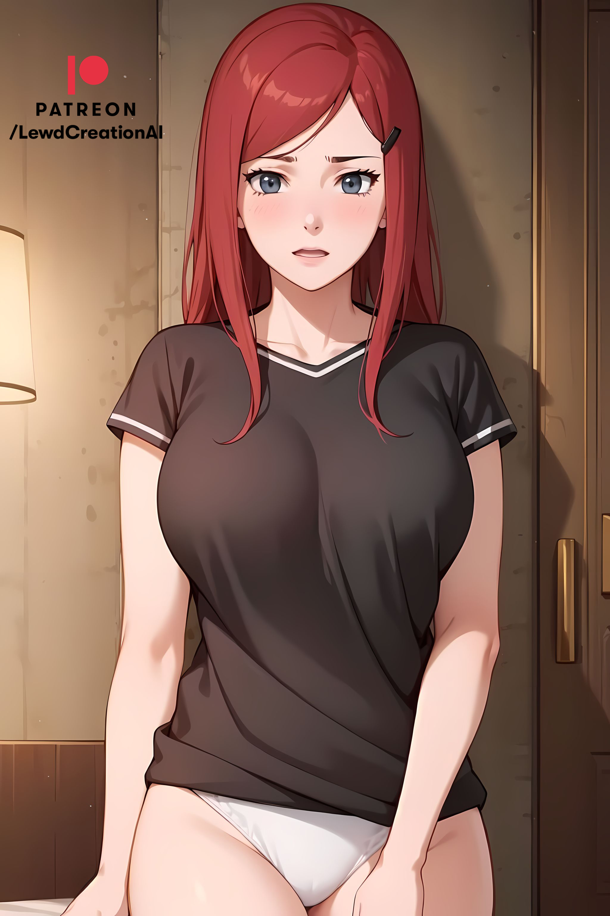 ai generated, ass, big breasts, black shirt, blush, blush lines, blushing at viewer, boruto: naruto next generations, breasts, cameltoe, cleavage, embarrassed, female, grey eyes, hair, hair ornament, indoors, lewdcreationsai, looking at viewer, mature, mature female, naruto, naruto (classic), naruto (series), naruto shippuden, naruto: the last, panties, purple eyes, pussy, red hair, thick, thick ass, thick legs, thick thighs, thighs, uzumaki kushina, violet eyes, white panties