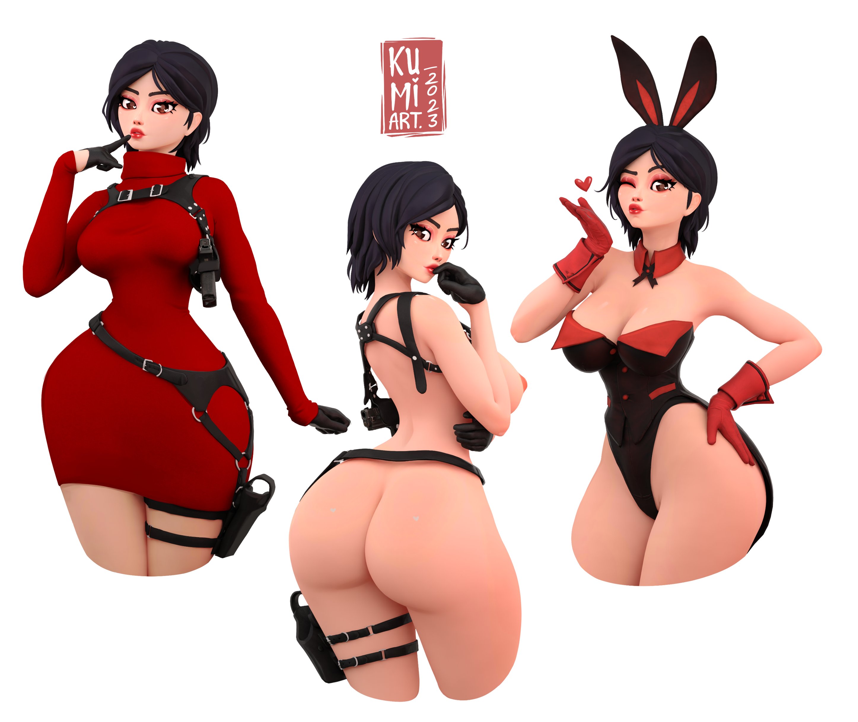 1girls, 2023, 3d, 3d (artwork), ada wong, ada wong (adriana), artist logo, artist name, ass, black gloves, black hair, brown eyes, bunny ears, bunny ears (cosmetic), bunnysuit, capcom, curvaceous, female, female only, gloves, heart, kumi art, looking at viewer, multiple views, nude, nude female, red gloves, resident evil, resident evil 4, resident evil 4 remake, solo, sweater, sweater dress, thick thighs, very high resolution, white background, wide hips, wink, winking at viewer