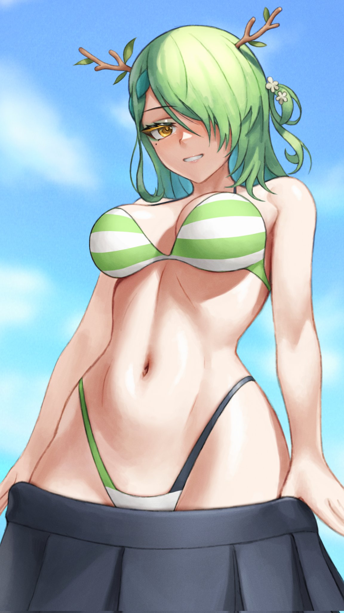 belly button, bra, ceres fauna, ceres fauna (summer 2023 swimsuit), female, green hair, hololive, hololive english, hololive english -council-, hololive english -promise-, looking at viewer, skirt, skirt down, skirt pull, stomach, tagme, thong, virtual youtuber