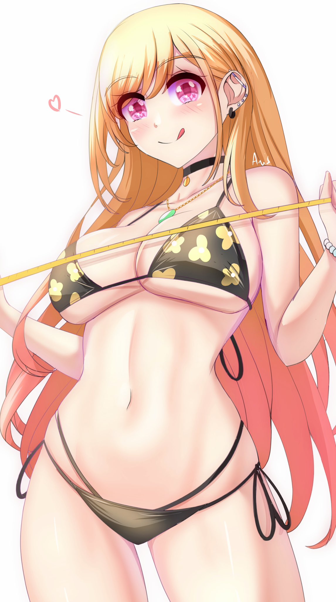 1girls, anisdrawn, bikini, blonde hair, breasts, cleavage, earrings, female, hi res, kitagawa marin, long hair, looking at viewer, necklace, red eyes, ruler, smile, solo, sono bisque doll wa koi wo suru