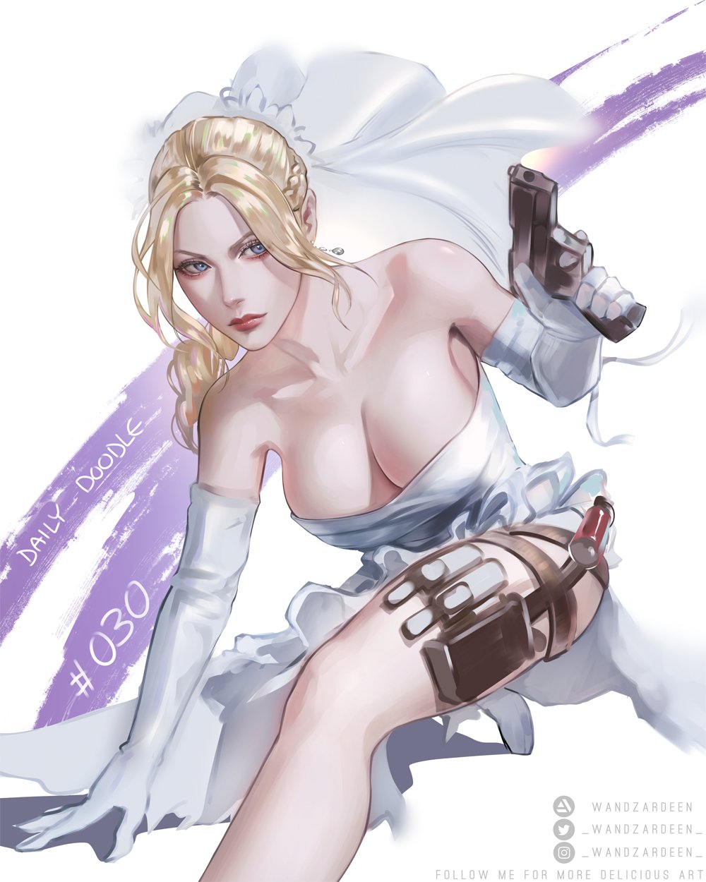 1girls, big breasts, blonde hair, breasts, cleavage, female, female only, gun, light skin, light-skinned female, namco, nina williams, tekken, tekken 7, tekken 8, tekken tag tournament 2, wandzardeen, wedding dress, wedding veil