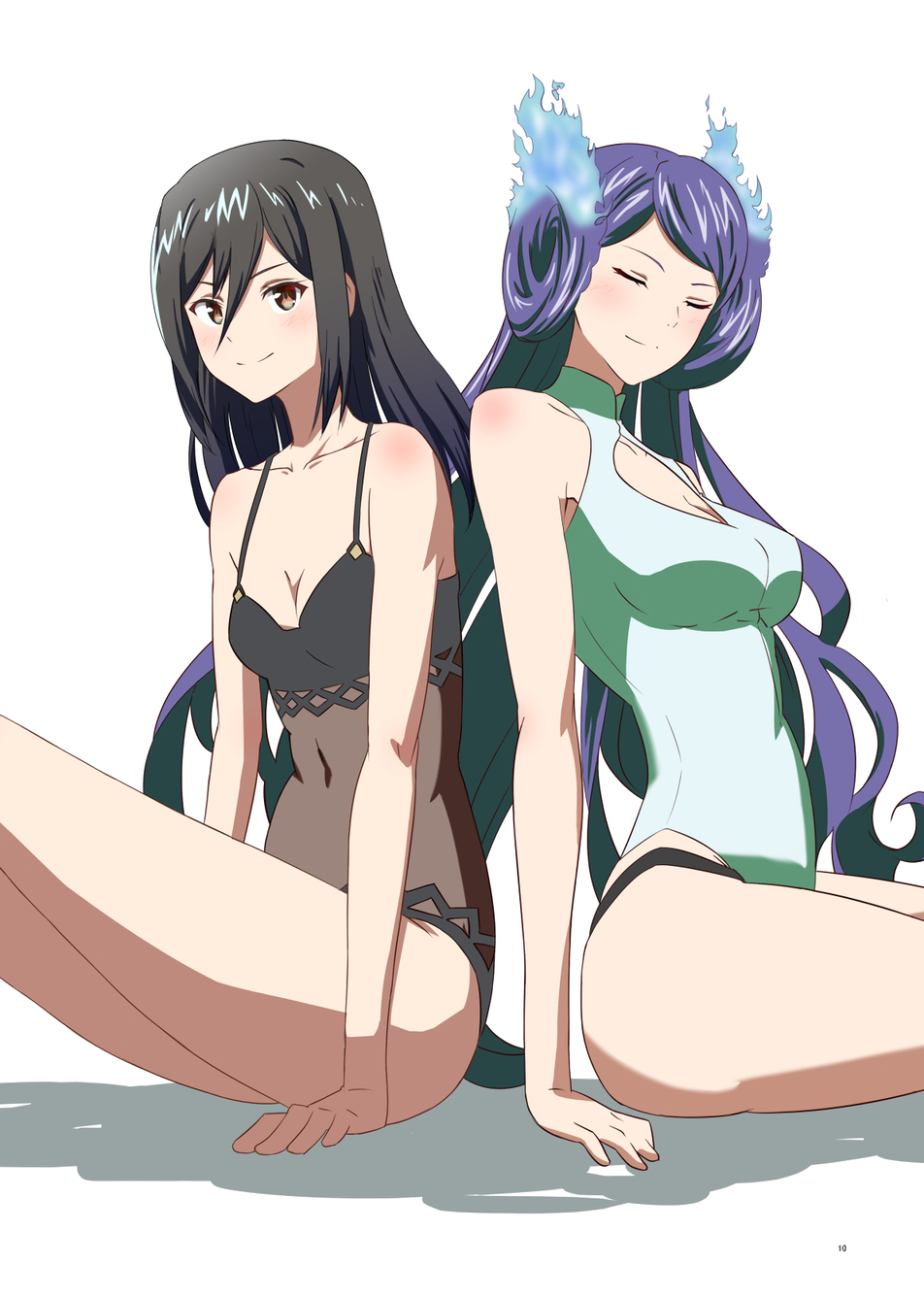 2girls black_hair breasts brighid_(xenoblade) brown_eyes cleavage closed_eyes kageyasu looking_at_viewer medium_breasts morag_ladair_(xenoblade) multiple_girls nintendo one-piece_swimsuit purple_hair simple_background small_breasts swimsuit white_background xenoblade_(series) xenoblade_chronicles_(series) xenoblade_chronicles_2