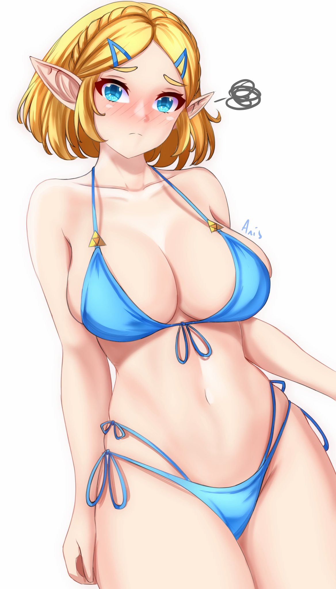 1girls, anisdrawn, bikini, blonde hair, blue eyes, blush, breasts, cleavage, female, hi res, nintendo, pointy ears, princess zelda, short hair, solo, tears of the kingdom, the legend of zelda, zelda (tears of the kingdom)