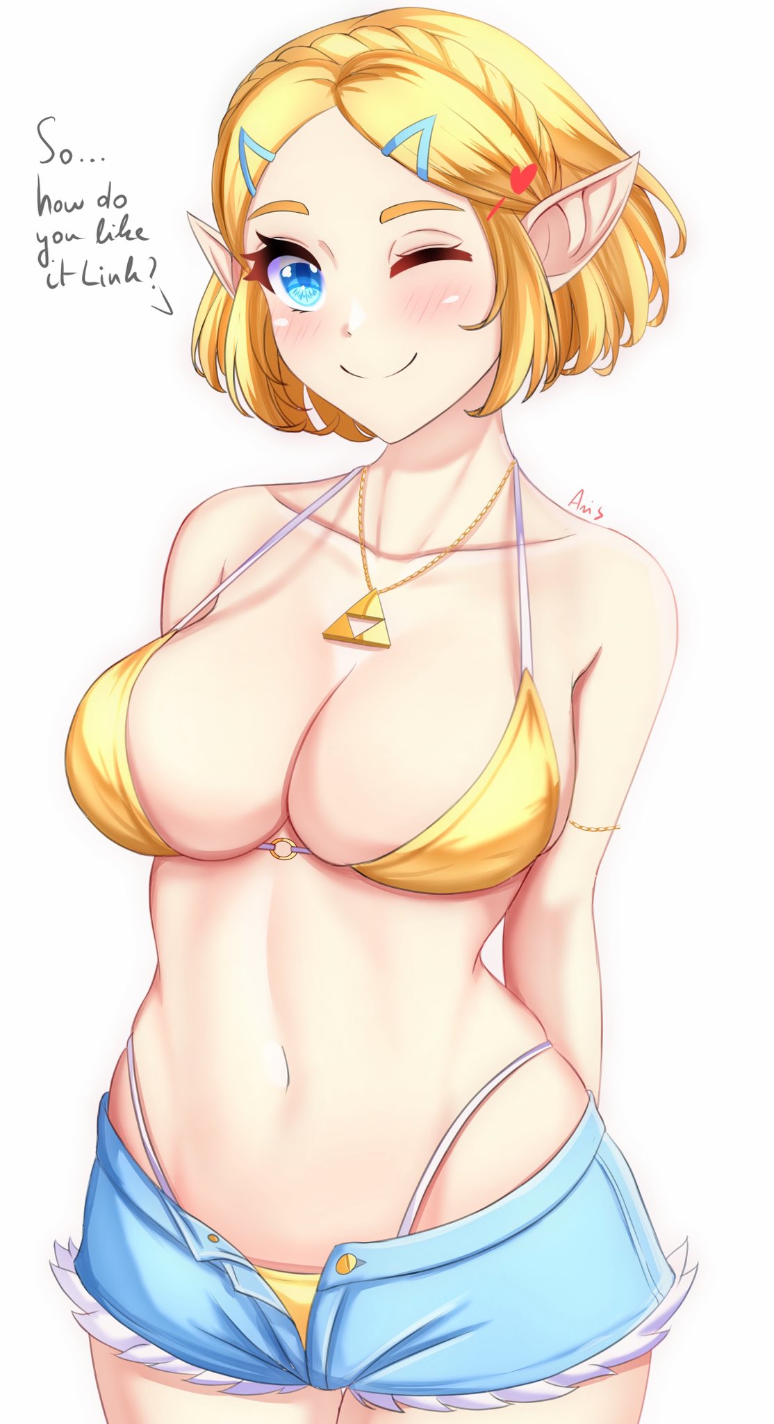 1girls, anisdrawn, bikini, blonde hair, blue eyes, breasts, cleavage, female, hi res, necklace, nintendo, one eye closed, pointy ears, princess zelda, short hair, shorts, smile, solo, tears of the kingdom, text, the legend of zelda, wink, zelda (tears of the kingdom)
