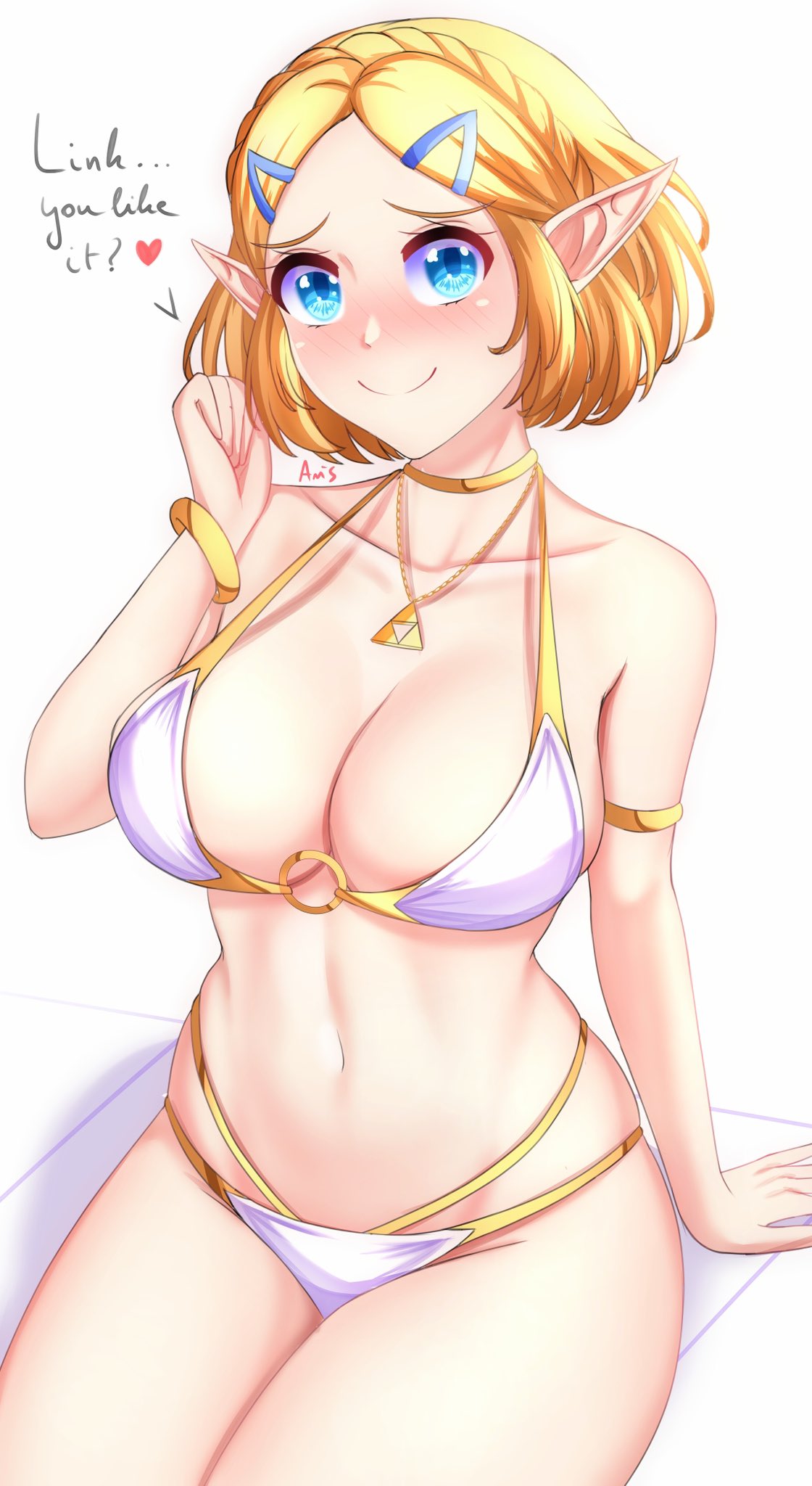 1girls, anisdrawn, bikini, blonde hair, blue eyes, blush, breasts, cleavage, female, hi res, necklace, nintendo, pointy ears, princess zelda, short hair, sitting, smile, solo, tears of the kingdom, text, the legend of zelda, zelda (tears of the kingdom)