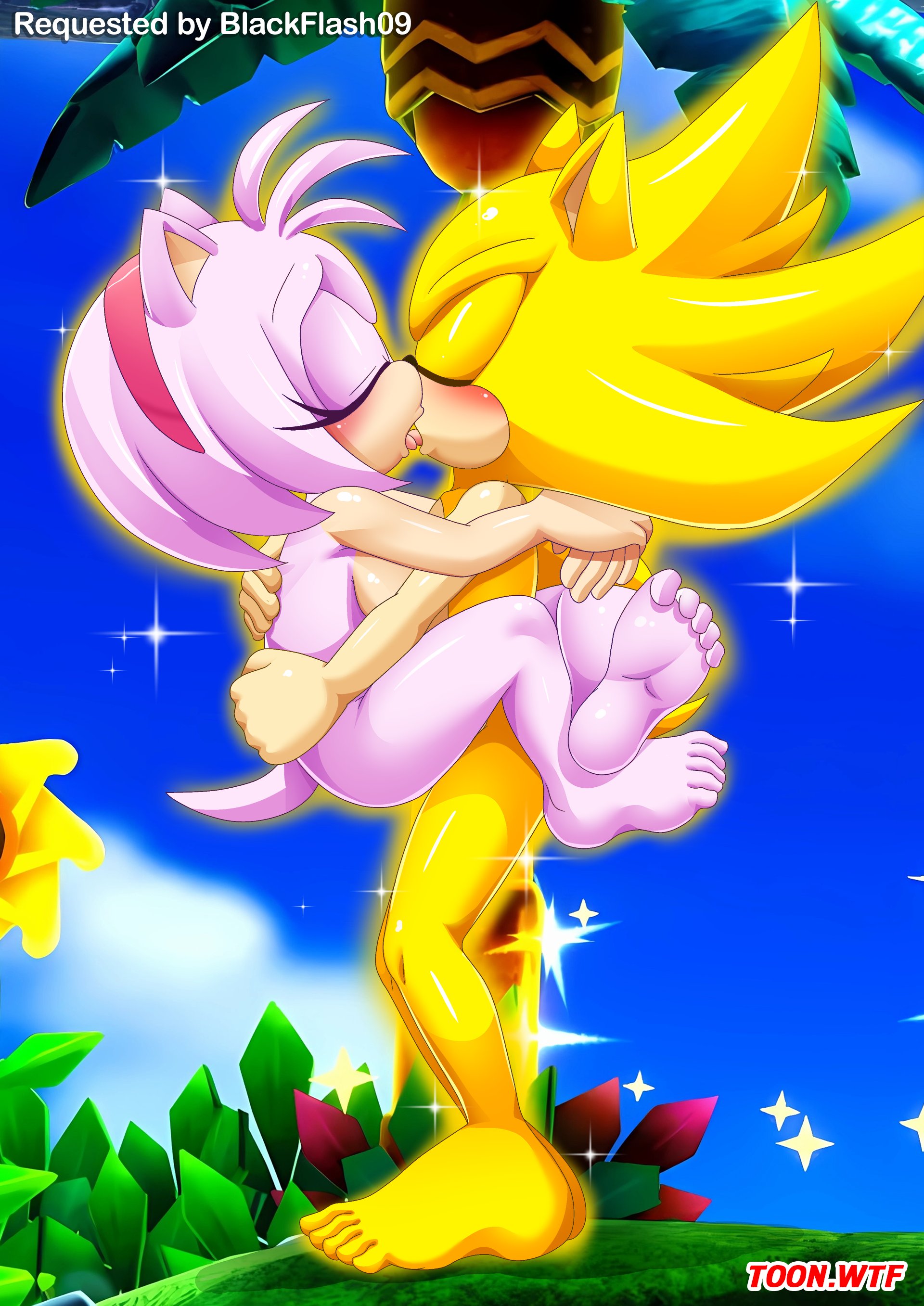 amy rose, anthro, barefoot, bbmbbf, blush, breasts, closed eyes, curled toes, feet, female, french kiss, humanoid feet, kissing, leg lock, male, male/female, mobian (species), mobius unleashed, naked, nude, open mouth, palcomix, sega, small breasts, soles, sonic (series), sonic the hedgehog, sonic the hedgehog (series), super amy, super sonic, toe curl, toes, tongue, tongue out, toon.wtf