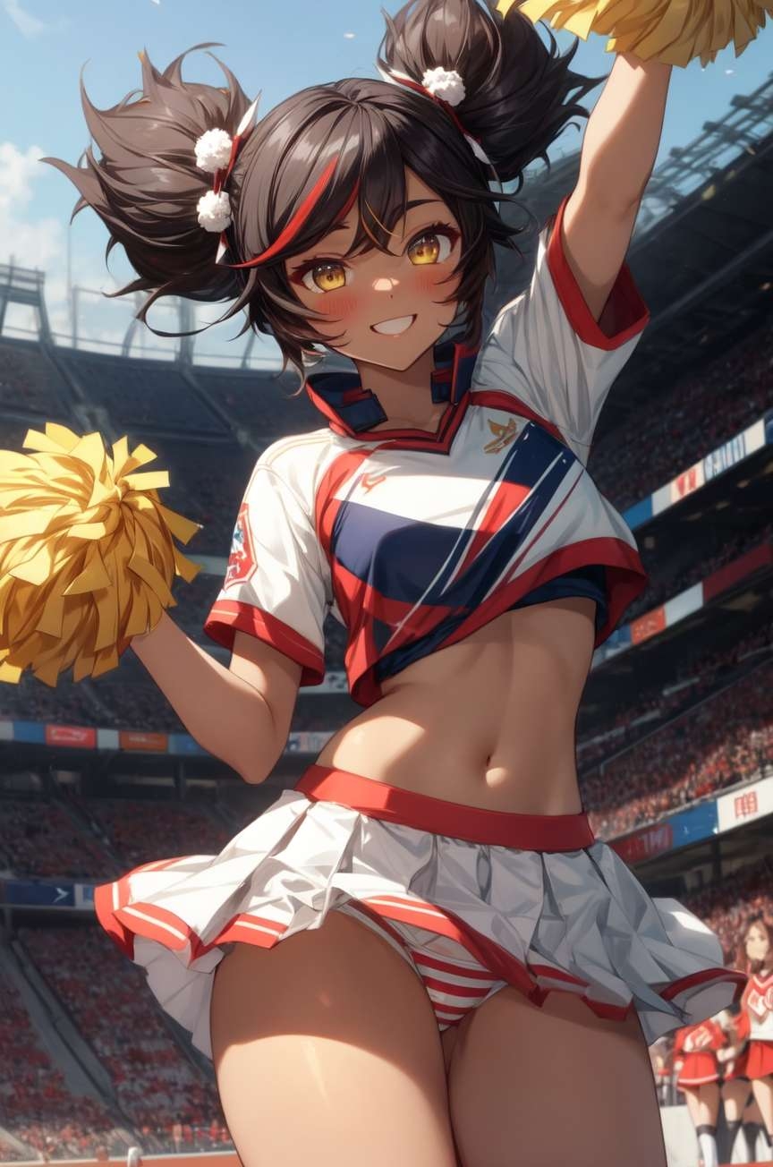 1girls, ai generated, arm up, black hair, cheerleader, cheerleader uniform, dark skin, dark-skinned female, female, genshin impact, looking at viewer, midriff, navel, panties, pleated skirt, pom pom (cheerleading), pom poms, raised arm, skirt, smile, streaked hair, striped panties, thick thighs, thighs, xinyan (genshin impact), yellow eyes