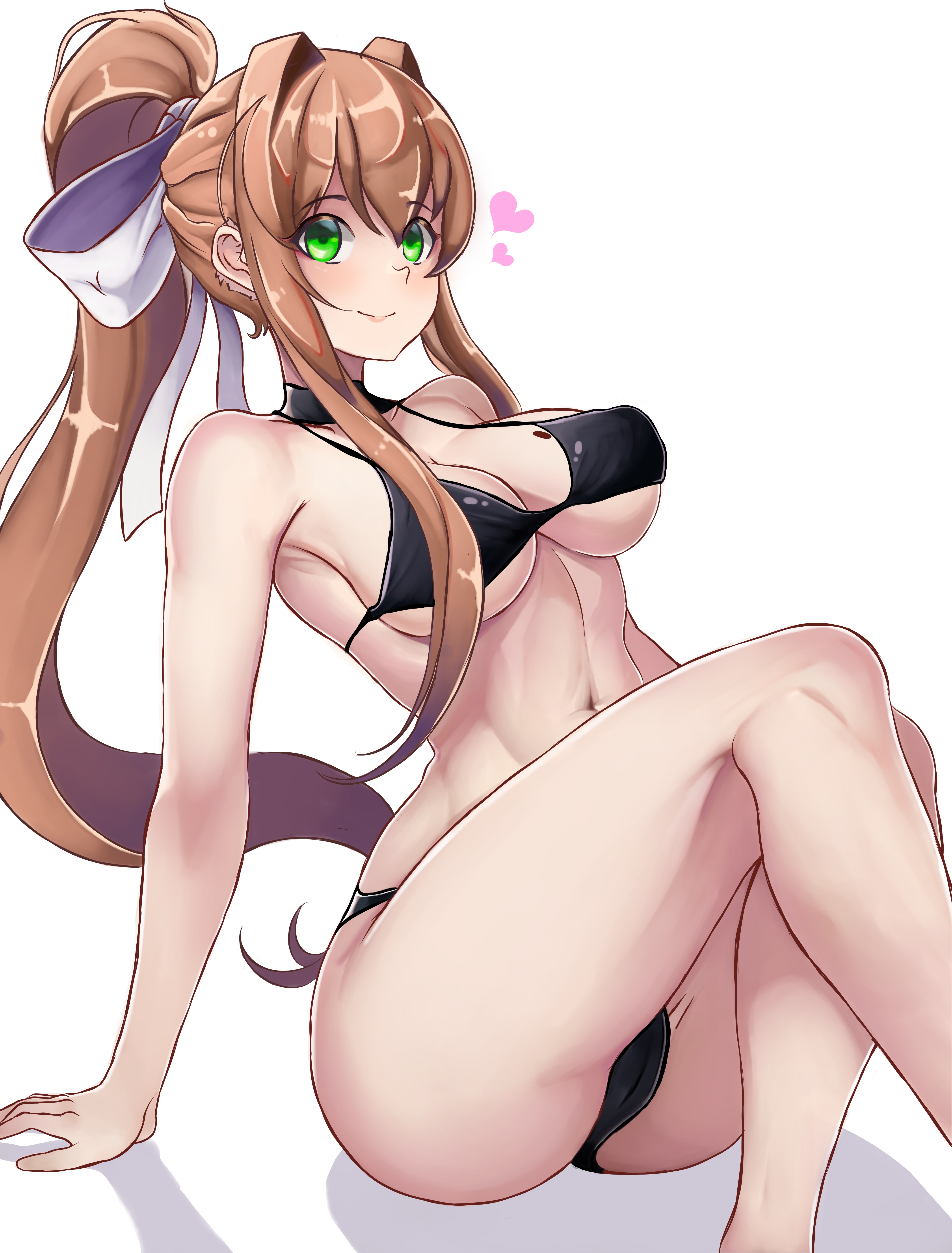 arm support, artemitzuki, artemitzuki (artist), bikini, black bikini, blush, breasts, brown hair, cleft of venus, closed mouth, collarbone, covered erect nipples, crossed legs, doki doki literature club, eyebrows, eyelashes, feet out of frame, female, female focus, green eyes, hair ribbon, heart, knees up, large breasts, leaning back, long hair, looking at viewer, mole, mole on breast, monika (doki doki literature club), navel, ponytail, ribbon, sidelocks, simple background, sitting, smile, solo, swimsuit, white background, white ribbon