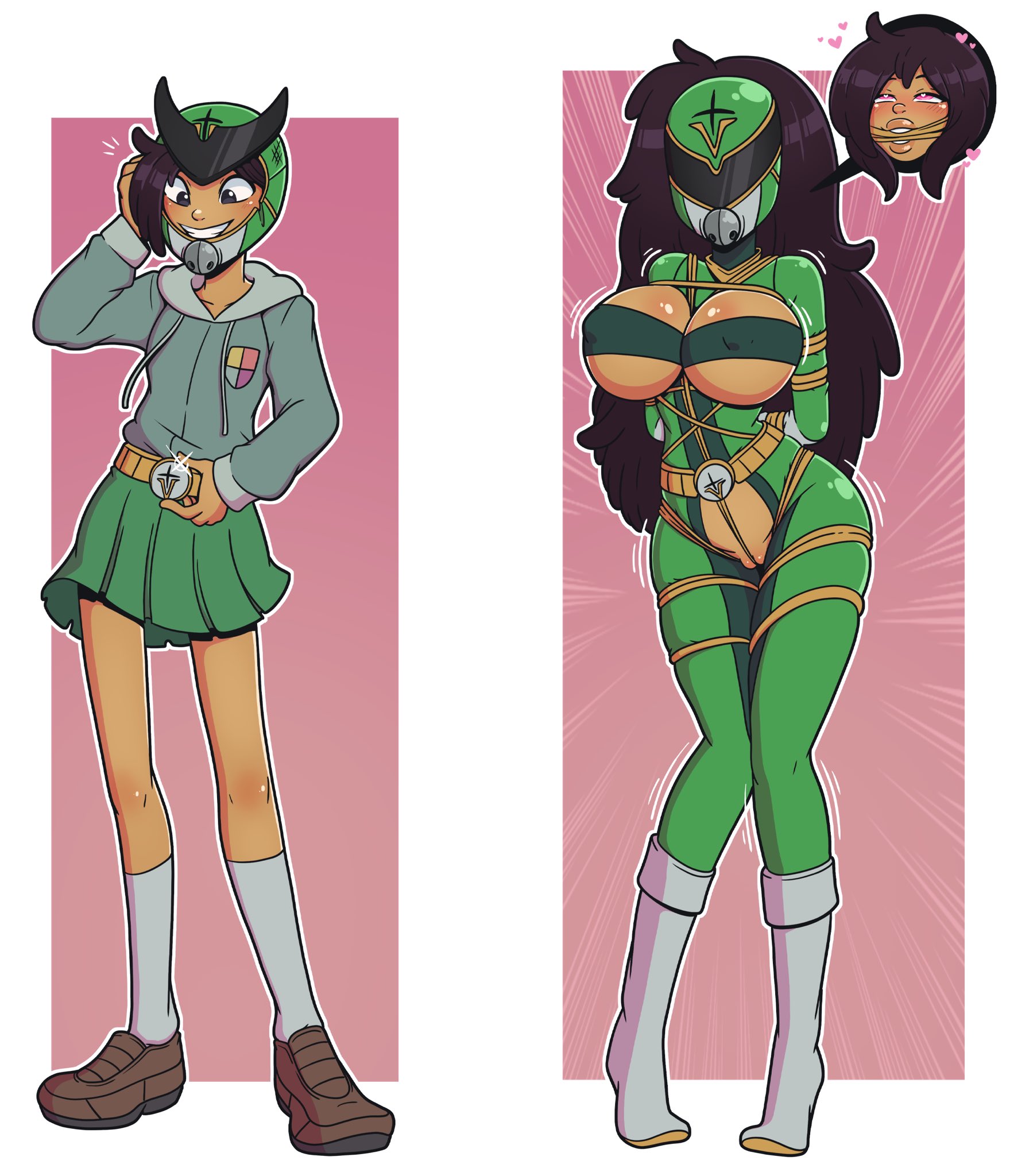 1girls, amphibia, asian, asian female, ass, ass expansion, bimbo, bimbo body, bimbofied, blush, body transformation, bodysuit, brainwashing, breast expansion, breast growth, breast growth (enlargement), breasts, brown hair, corruption, drone, droneification, female, figure transformation, green skirt, helmet, hourglass figure, huge ass, huge breasts, legs together, lip expansion, lips, long hair, marcy wu, midriff, mind break, mind control, open mouth, pussy, restrained, skirt, smile, tears, thick lips, thick thighs, thigh expansion, transformation, visor, wide hips, wrenzephyr2