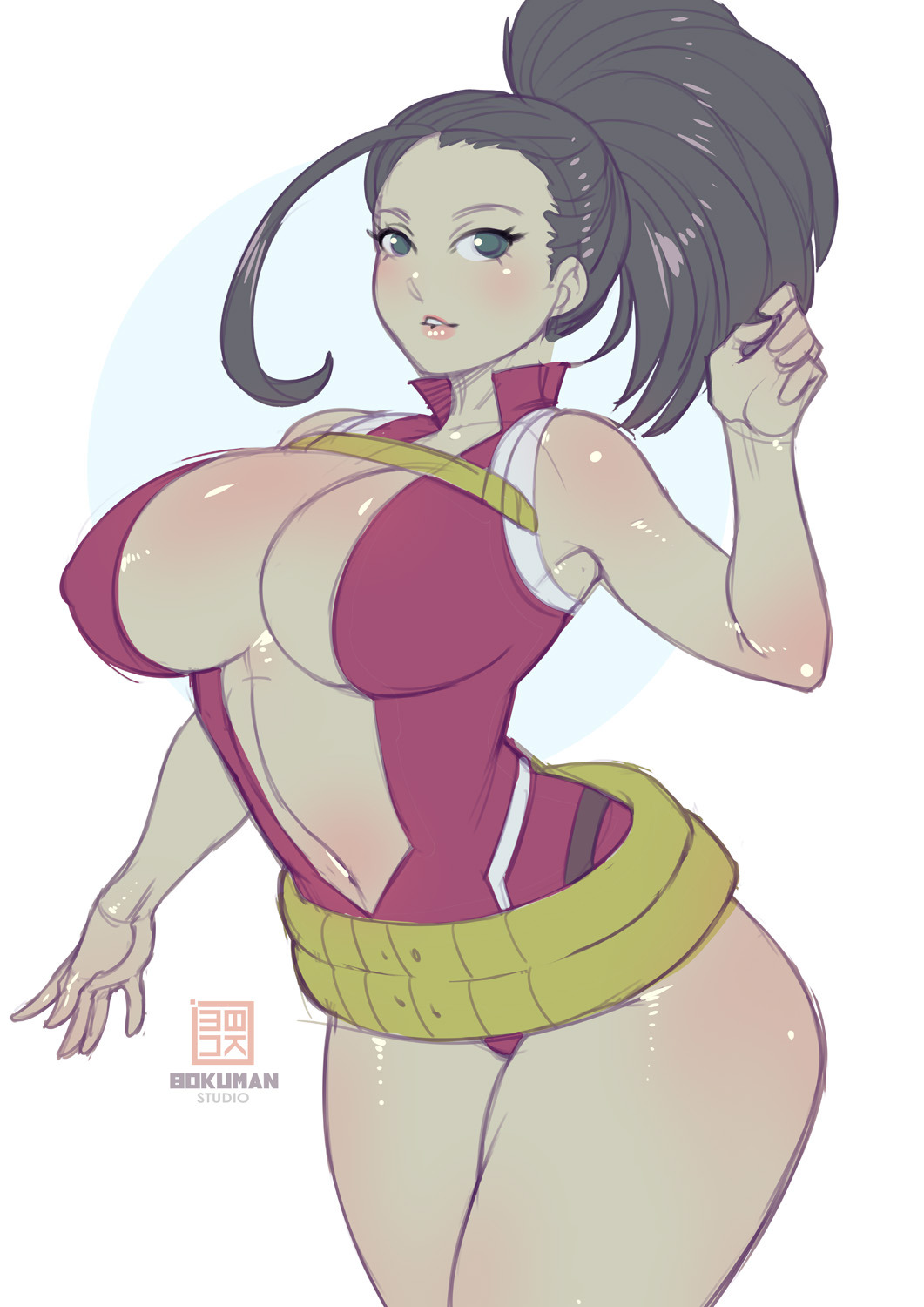 1girls, big breasts, black eyes, black hair, black-haired female, bokuman, breasts, female, female only, hero outfit (mha), looking at viewer, momo yaoyorozu, momo yaoyorozu (hero outfit), my hero academia, ponytail, solo, yaoyorozu momo