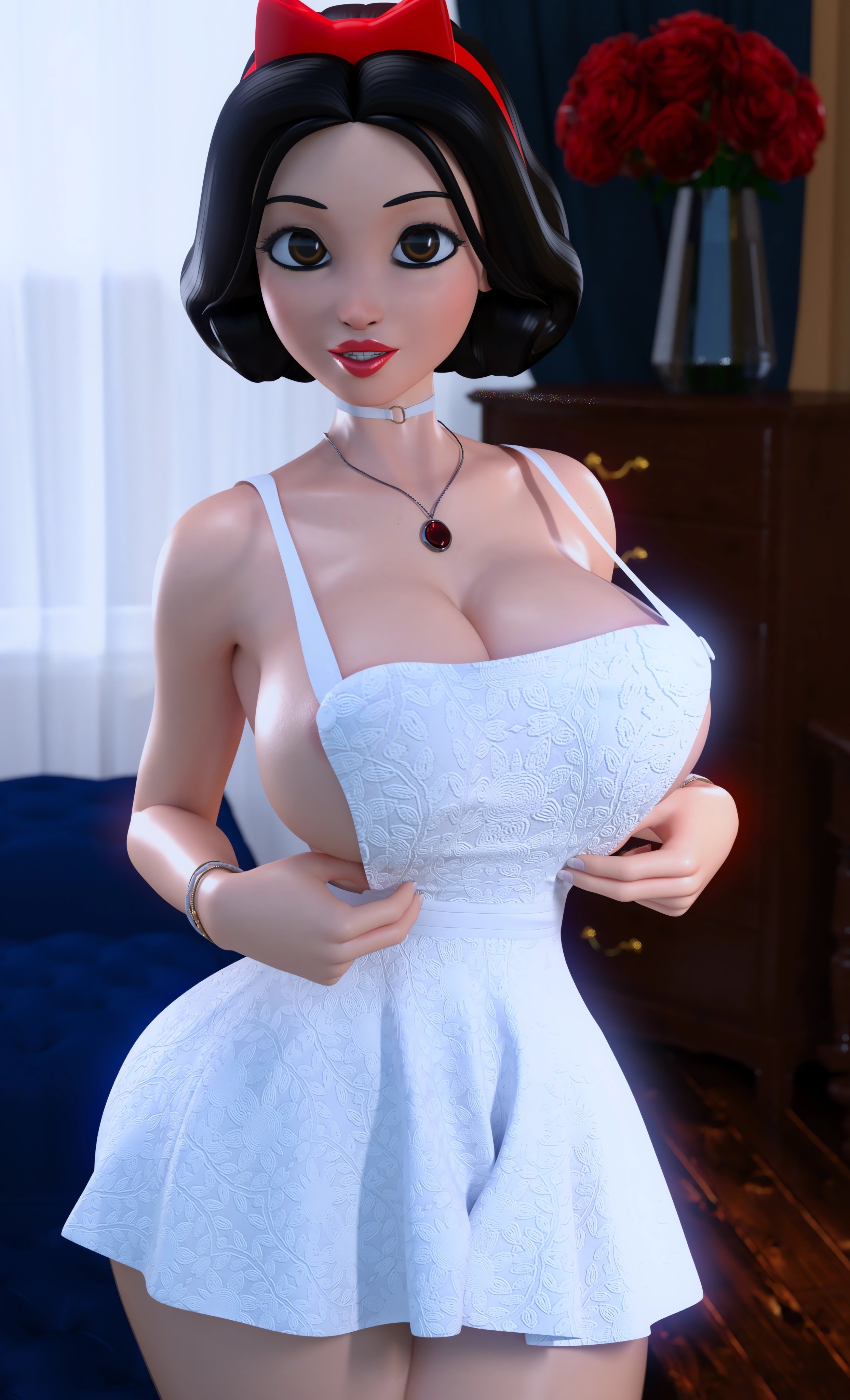1girls, 3d, 3d (artwork), ass, bare shoulders, big ass, big boobs, big breasts, black hair, boobs, breasts, brown eyes, clothed, clothing, covered nipples, curvy, disney, disney princess, exposed breasts, facing viewer, female, female focus, female only, french nails, front view, hips, image, light skin, necklace, no bra, open eyes, partially clothed, red lips, ruidx, shoulders, skirt, snow white (disney), snow white and the seven dwarfs (1937 film), sole female, standing, thick thighs, thighs, tits, topless, waist, wide hips