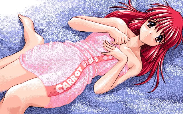 1girls amazuyu_tatsuki barefoot brown_eyes game_cg inaba_shouko long_hair looking_at_viewer medium_breasts naked_towel on_back pia_carrot_(series) pink_towel red_hair solo towel welcome_to_pia_carrot_1