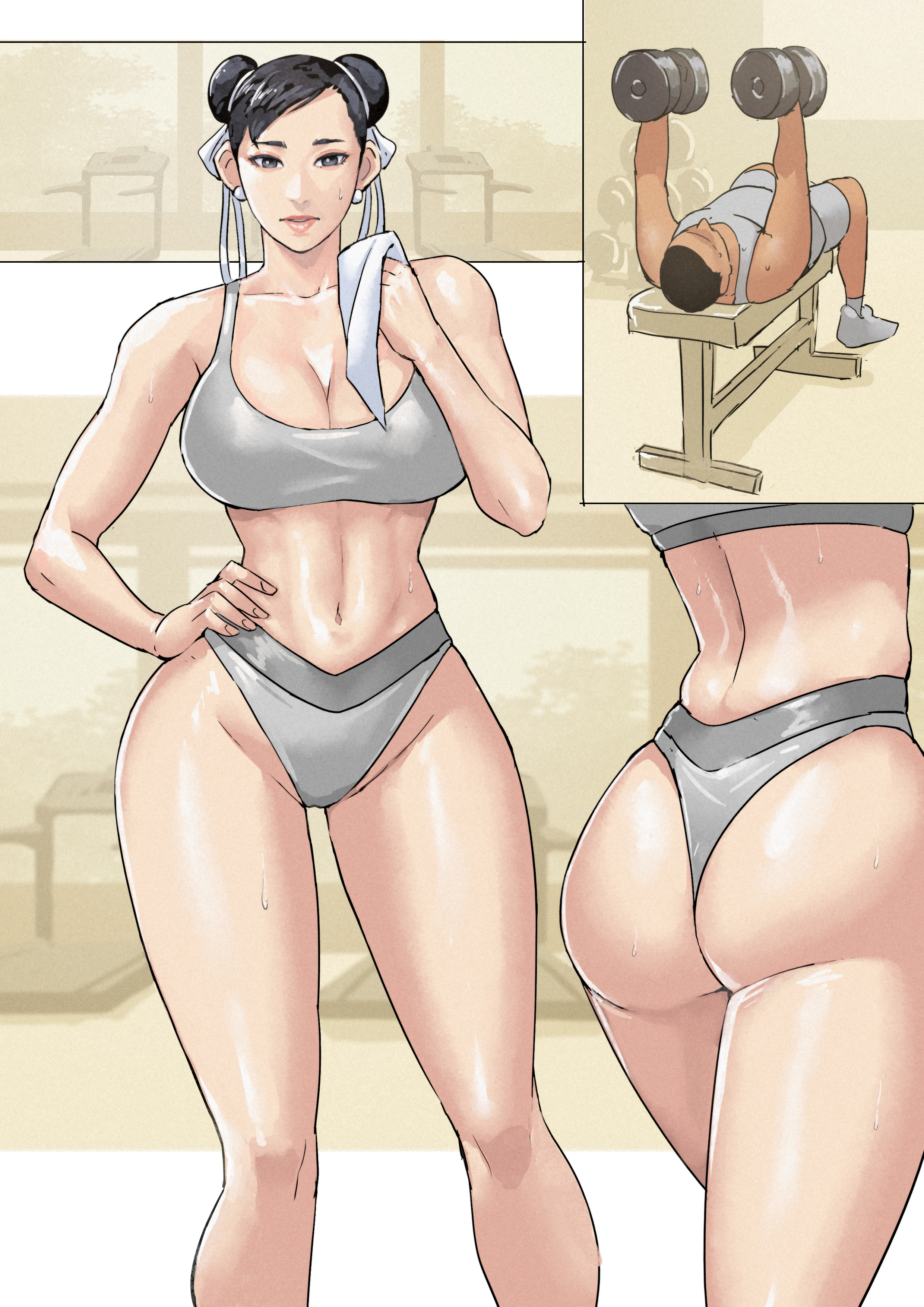 1girls, ass, big breasts, black eyes, black hair, breasts, capcom, chun-li, cirenk, cleavage, female, female only, gym, looking at viewer, sportswear, street fighter, street fighter 6, thick thighs, toned, toned female, twin buns, underwear, very high resolution