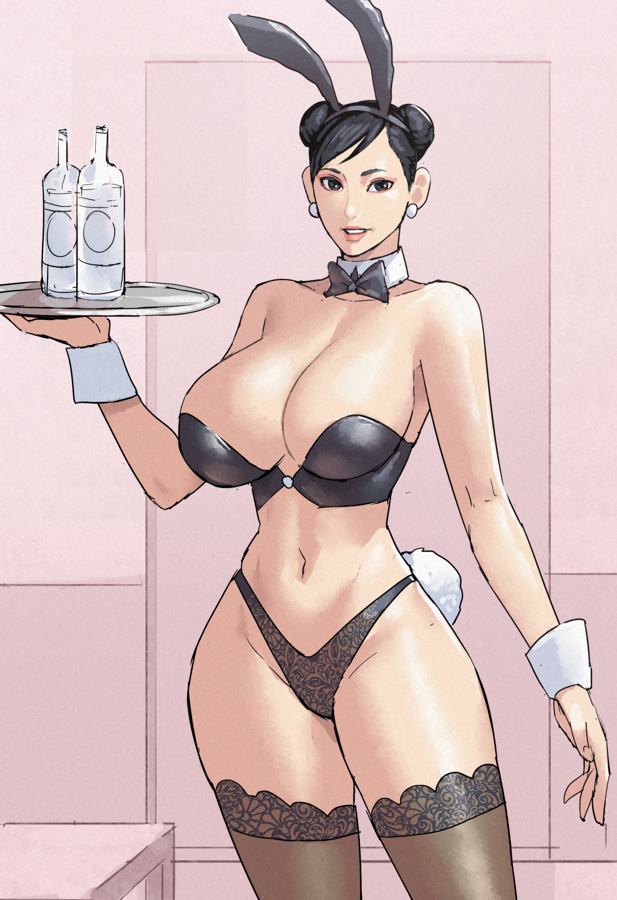 1girls, big breasts, black hair, breasts, bunny ears, bunny tail, capcom, chun-li, cirenk, detached collar, earrings, female, female only, fit, fit female, hourglass figure, huge breasts, large breasts, light skin, light-skinned female, looking at viewer, mature female, neck ribbon, slim waist, solo, stockings, street fighter, street fighter 6, thick thighs, thighhighs, thong, topwear, tray, twin buns, very high resolution, voluptuous, wide hips, wrist cuffs