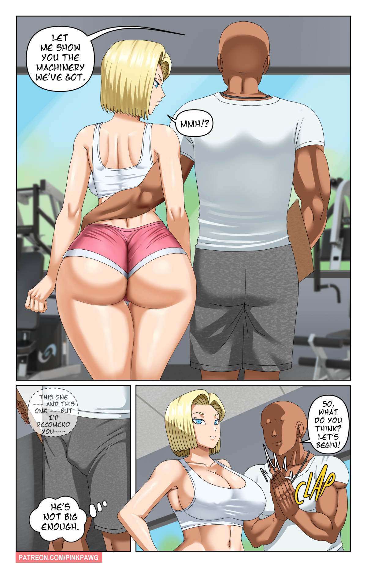 1boy, 1girls, 2023, android 18, ass, ass focus, bald, before sex, big ass, big breasts, blonde hair, blue eyes, bottom heavy, breasts, bubble ass, bulge, cheating, cheating wife, cleavage, comic, dark skin, dark-skinned male, dialogue, dragon ball, dragon ball super, dragon ball z, english text, erect nipples, erect nipples under clothes, fat ass, female, gym, huge ass, indoors, interracial, large breasts, light skin, light-skinned female, long hair, looking at another, looking at partner, looking back, looking back at partner, male, mature, mature female, milf, nipples, ntr, patreon username, penis, pinkpawg, shoes, shorts, sideboob, small penis humiliation, sneakers, socks, sports bra, story, text, thick ass, url, walk-in, walking, watermark, web address, workout clothes, wristband