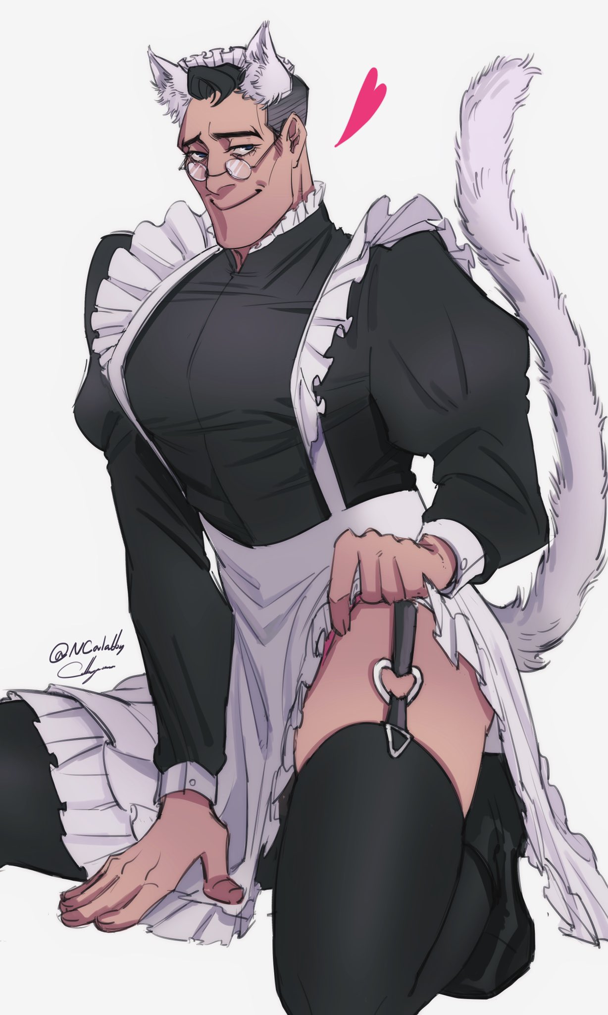 cat_ears cat_man cat_tail catboy crossdressing doctor_sex egabbacc feminization highres kemono kemonomimi maid maid_headdress maid_outfit maid_uniform manly_crossdresser medic_(team_fortress_2) nekomimi no_visible_genitalia skirt_lift solo_male stockings team_fortress_2