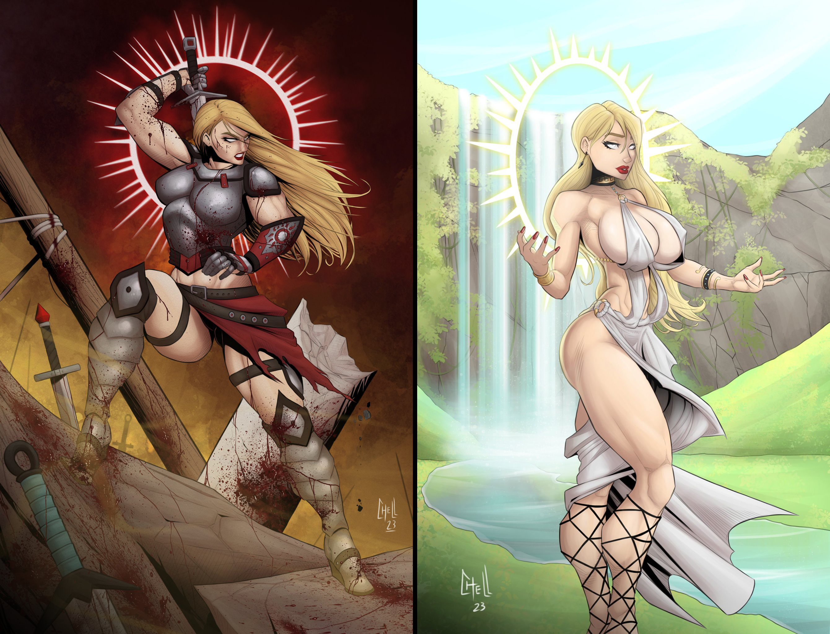 2023, angel, archangel casandra, armor, armored boots, armored gloves, biceps, big breasts, blonde hair, boots, bracelet, breasts, busty, collar, comic, erect nipples, female, female focus, female only, gauntlets, hourglass figure, lipstick, loincloth, long hair, makeup, muscle tone, muscles, nail polish, nipple bulge, nipples, oc, pinup, pinup pose, priestess, sword, thigh boots, toned, toned female, tunic, virus infected art, warrior, wide hips