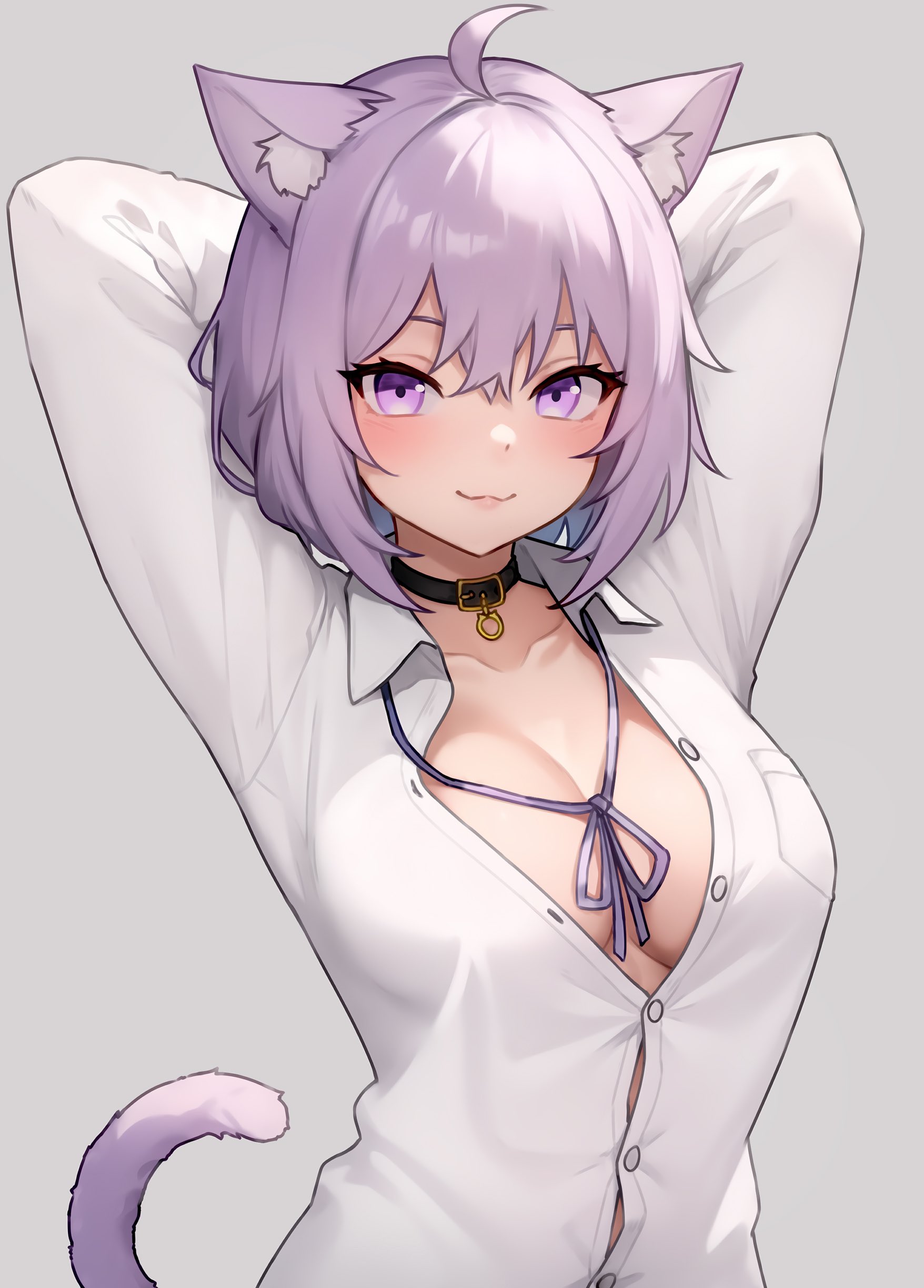 1girls, bluefield, breasts, cat ears, cat girl, catgirl, female, hololive, hololive gamers, hololive japan, light skin, light-skinned female, medium breasts, naughty face, nekomata okayu, purple eyes, purple hair, short hair, smile, virtual youtuber