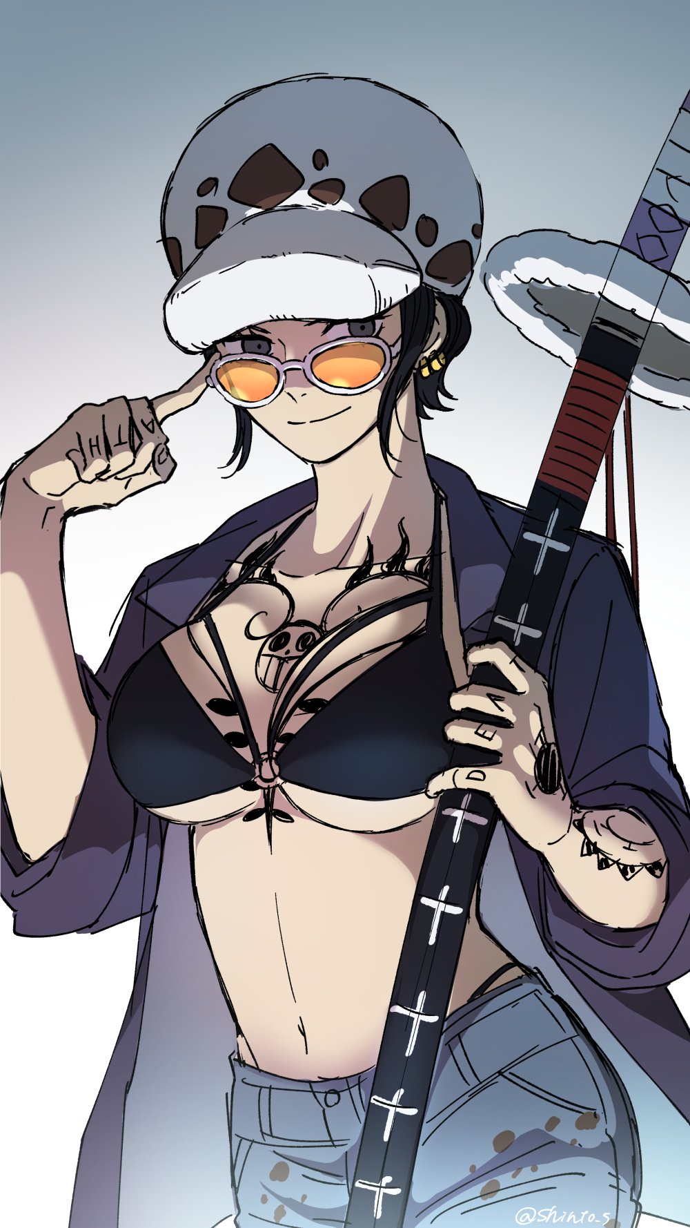 1girls bikini_top black_bikini_top black_hair breast_tattoo canon_genderswap chest_tattoo cleavage female female_only genderswap_(mtf) grey_eyes hat headwear jeans katana looking_at_viewer medium_breasts one_piece one_piece:_egghead_arc open_shirt rule_63 shiku_shiku_no_mi shinto_s short_hair sleeves_rolled_up smile solo sunglasses sword tattoo tattoos trafalgar_law underboob weapon