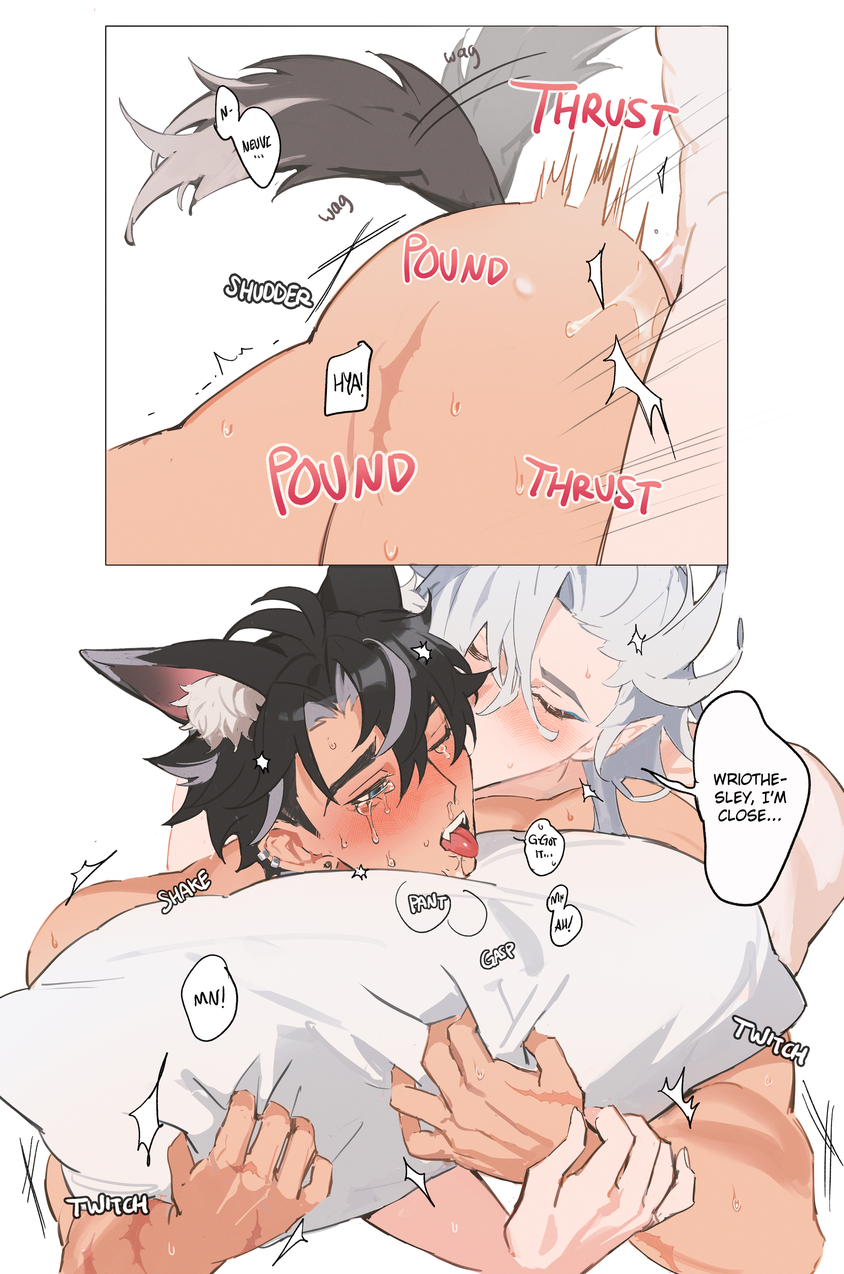 2boys, androgynous, animal ears, ass, bishonen, blush, dialogue, drooling, english text, from behind, gajyago, gay, gay sex, genshin impact, hugging pillow, long hair, male, male on male, male only, male penetrated, male penetrating, male/male, moaning, neuvillette (genshin impact), panting, penetration, pillow grab, pounding, pounding ass, sex, tail, tongue, wriothesley (genshin impact), yaoi